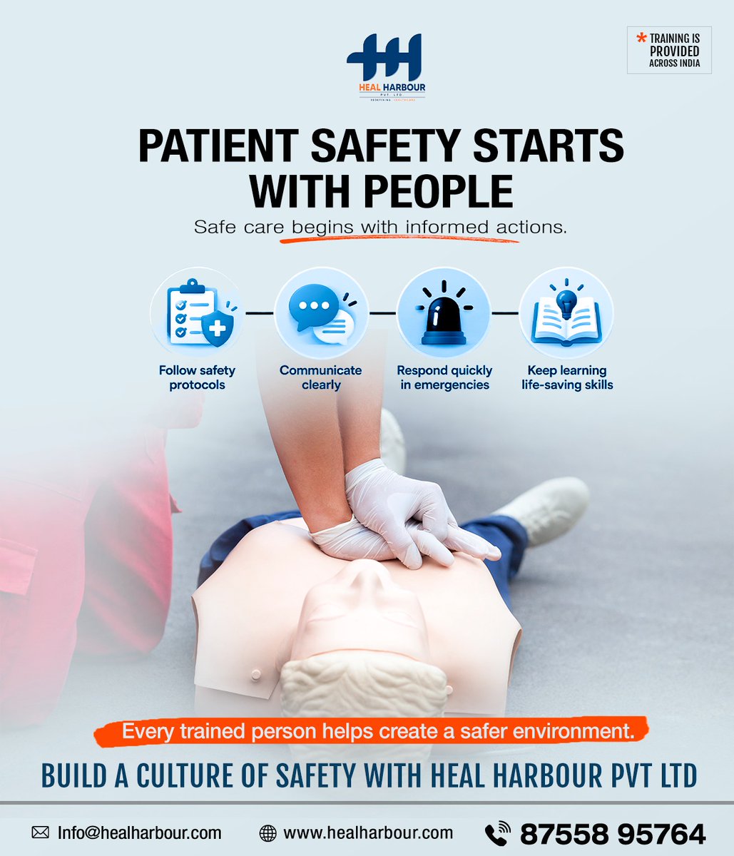 HarbourHeal's tweet photo. Patient safety starts with people.🩺
Build a culture of safety with Heal Harbour Pvt Ltd.
📞 Call Now: 87558 95764
🌐 Learn More: https://t.co/Dq0LMAneAd
#HealHarbour #PatientSafety #HealthcareTraining #FirstAidTraining #CPRTraining #EmergencyResponse #SafetyCulture #SaveLives https://t.co/tuNwlajrsz