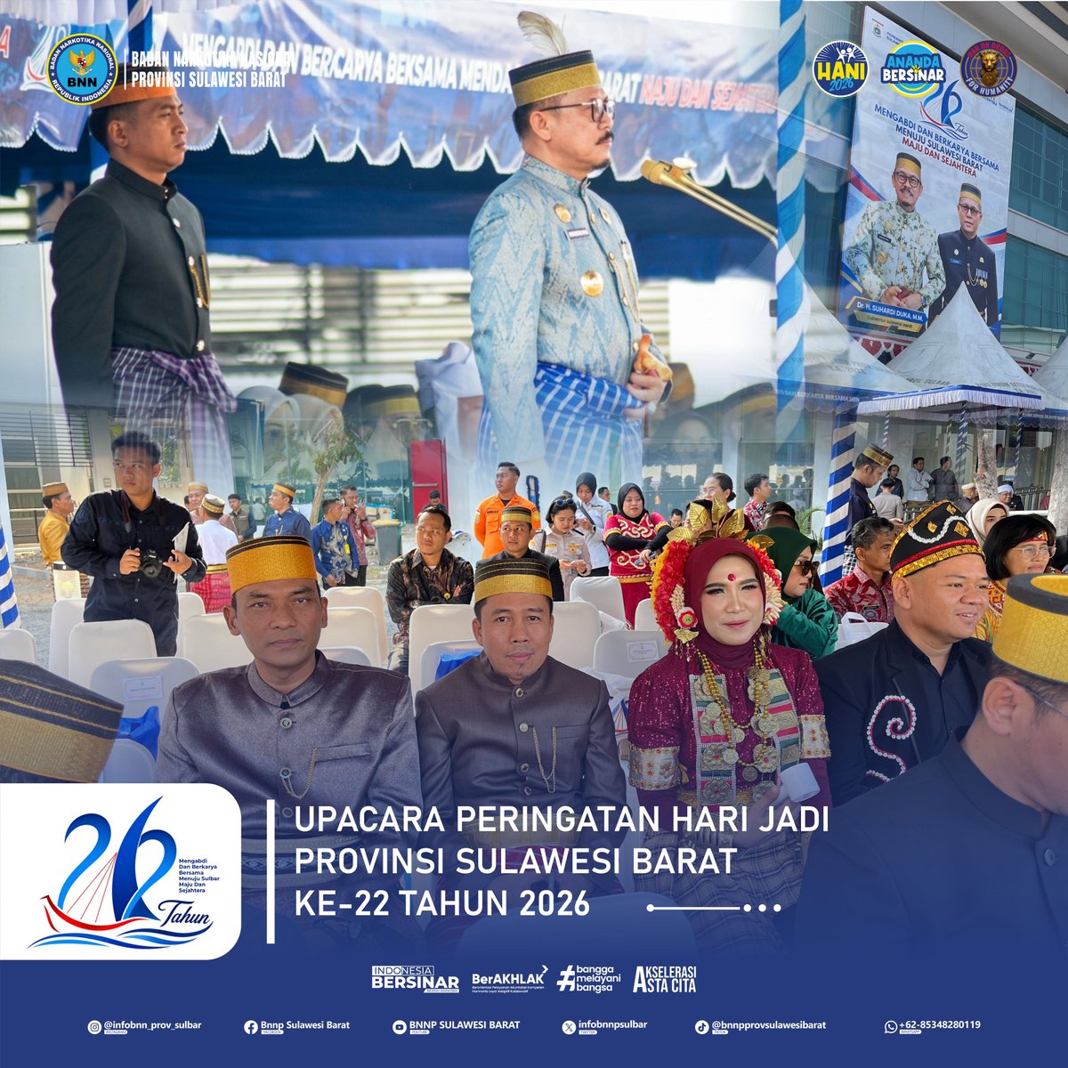 infobnnpsulbar's tweet photo. Plt. Kepala BNNP Sulawesi Barat beserta seluruh personil mengucapkan Selamat Hari Jadi Provinsi Sulawesi Barat Ke- 22 Tahun 2026. 
_22 September 2026_
"Mengabdi dan Berkarya Bersama Menuju Sulawesi Barat Maju dan Sejahtera".

#harijadisulawesibarat22 
#hutsulbar 
#anandabersinar https://t.co/QsQo3vXzwA