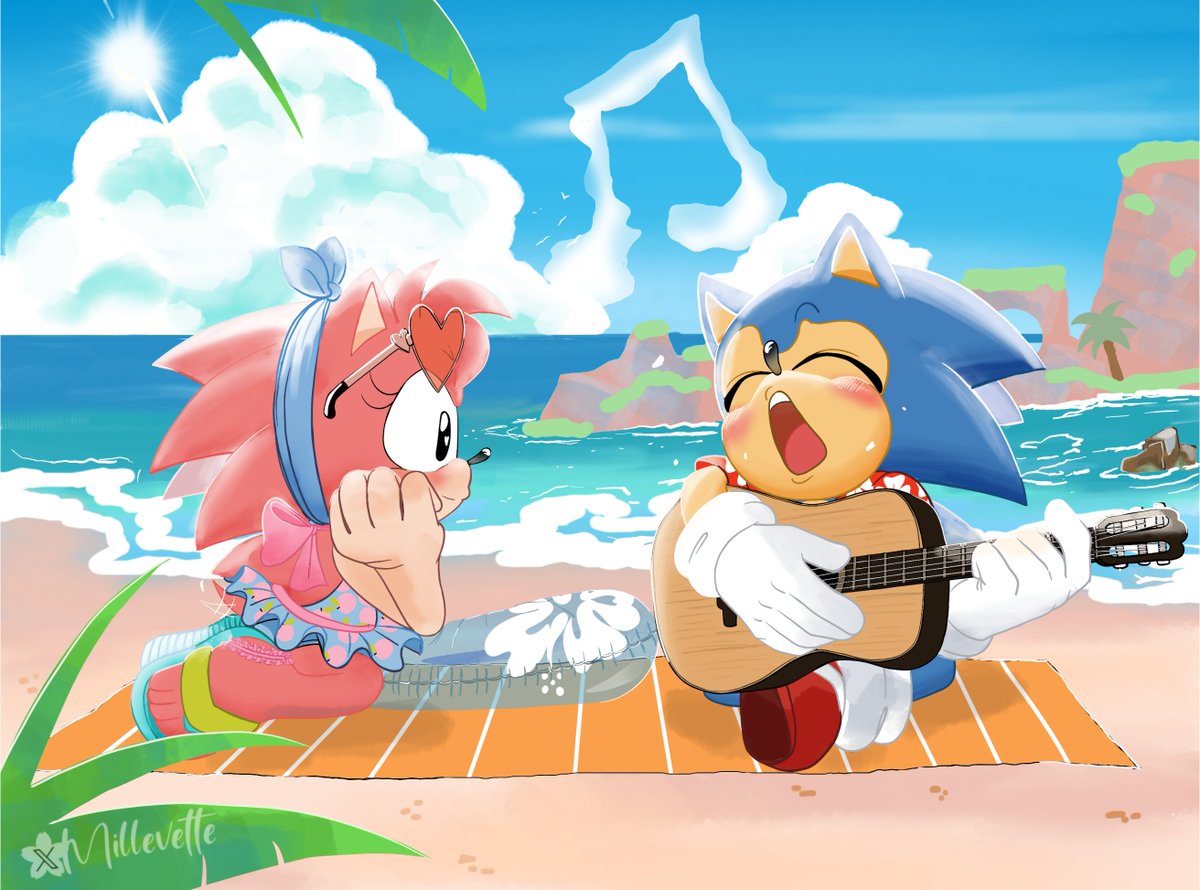 Millevette's tweet photo. Day 1: Vacation 🏖️

I’ve had this idea in mind for a long time for Amy and Classic Sonic, so it worked perfectly for this day. If I get the chance, I’ll do the other days too. I hope you guys give it lots of love! 💕

#sonamyweektumblr2026 #sonamy #amyrose https://t.co/NnPxZ9TZh4