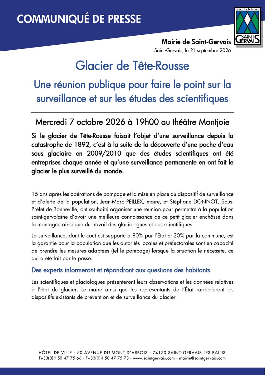 Saint_Gervais's tweet photo. [RÉUNION PUBLIQUE 📣]
Glacier de Tête-Rousse : une réunion pour faire le point sur sa surveillance et sur les études des scientifiques qui en font le glacier le plus surveillé du monde

📍 Saint-Gervais
🏛️ Théâtre Montjoie
🗓️ Mercredi 7 octobre 2026
🕢 19h00 https://t.co/GCSuxIFIFi