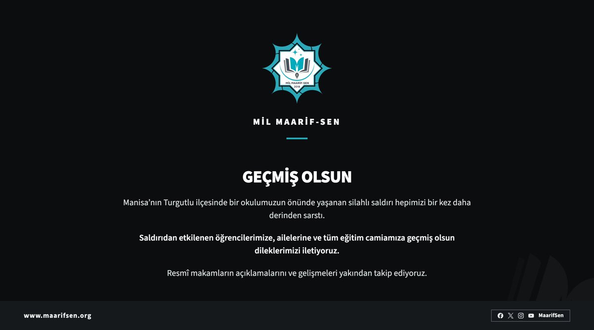 maarifsen's tweet photo. Manisa Turgutlu’da bir okulumuzun önünde meydana gelen silahlı saldırıyı kınıyor; olaydan etkilenen öğrencilerimize, velilerimize ve eğitim camiamıza geçmiş olsun dileklerimizi iletiyoruz.
Resmî makamların açıklamalarını ve süreci yakından takip ediyoruz.

#MilMaarifSen https://t.co/WrC0YNBo0j