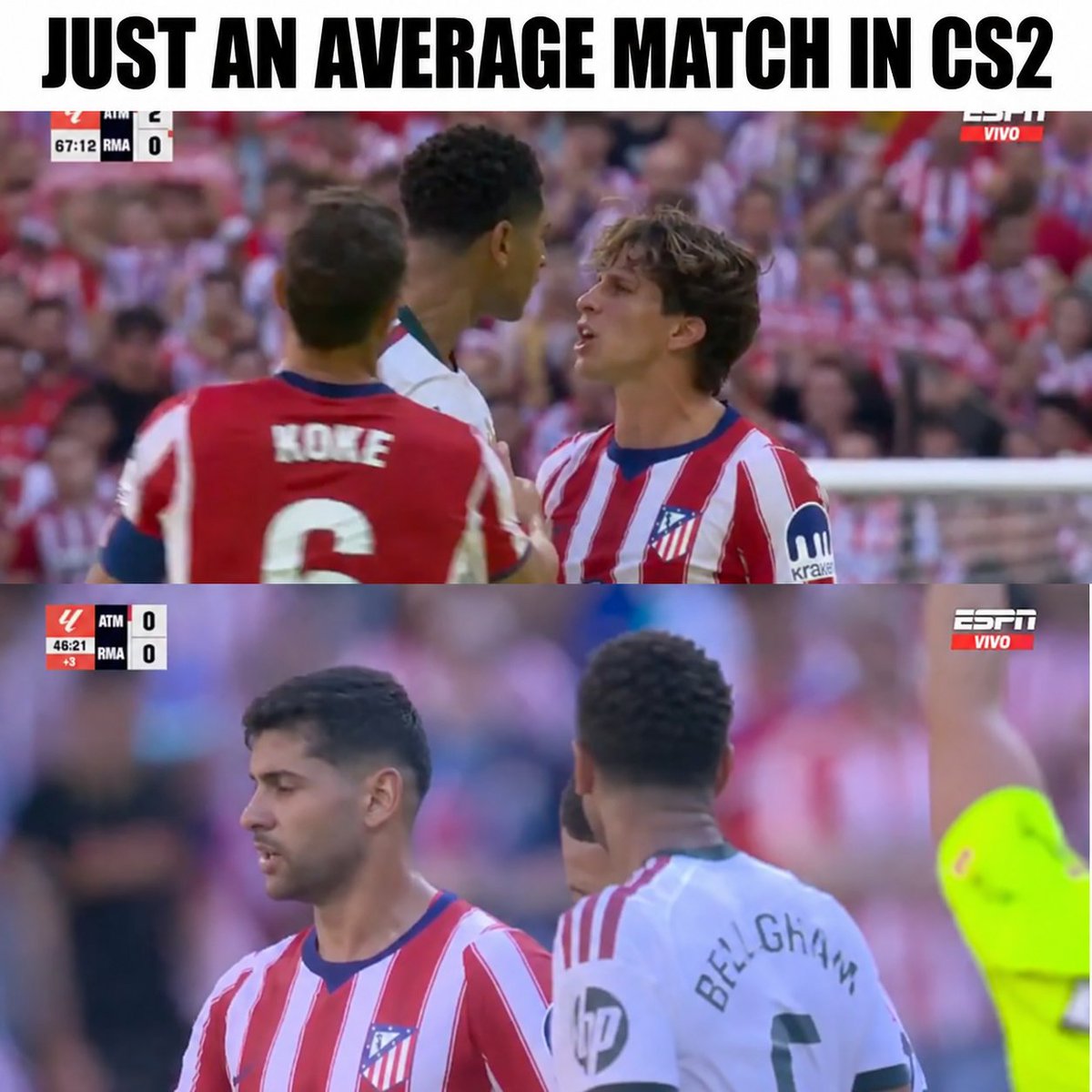 KingVictorTips's tweet photo. TyC Sports: During the Madrid derby, Jude Bellingham and Giuliano Simeone got into a heated exchange.

Both players were chest-to-chest, trading insults in Spanish, including “La concha de tu madre” and “Hijo de puta.”

Bellingham also had an argument with Cuti Romero, who brought up the 2026 World Cup semifinal loss, shouting: “Did it hurt playing against Argentina, crybaby?”
