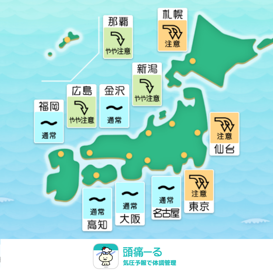 terunekootenki's tweet photo. 今日9月23日（水）の気圧は、
札幌、仙台、東京は「注意⤵️⤵️」
新潟、広島、那覇は「やや注意⤵️」
の予報となっています。

秋分の日でお休みの方も多いかと思いますが、北日本や東日本を中心に気圧の変化による影響を受けやすい一日となりそうです。
頭痛やめまい、身体のだるさを感じたときは無理をせず、ご自身のペースでゆっくり体を休めてあげてくださいね。

1時間ごとの変化はアプリで👉https://t.co/LunKcw1s2e