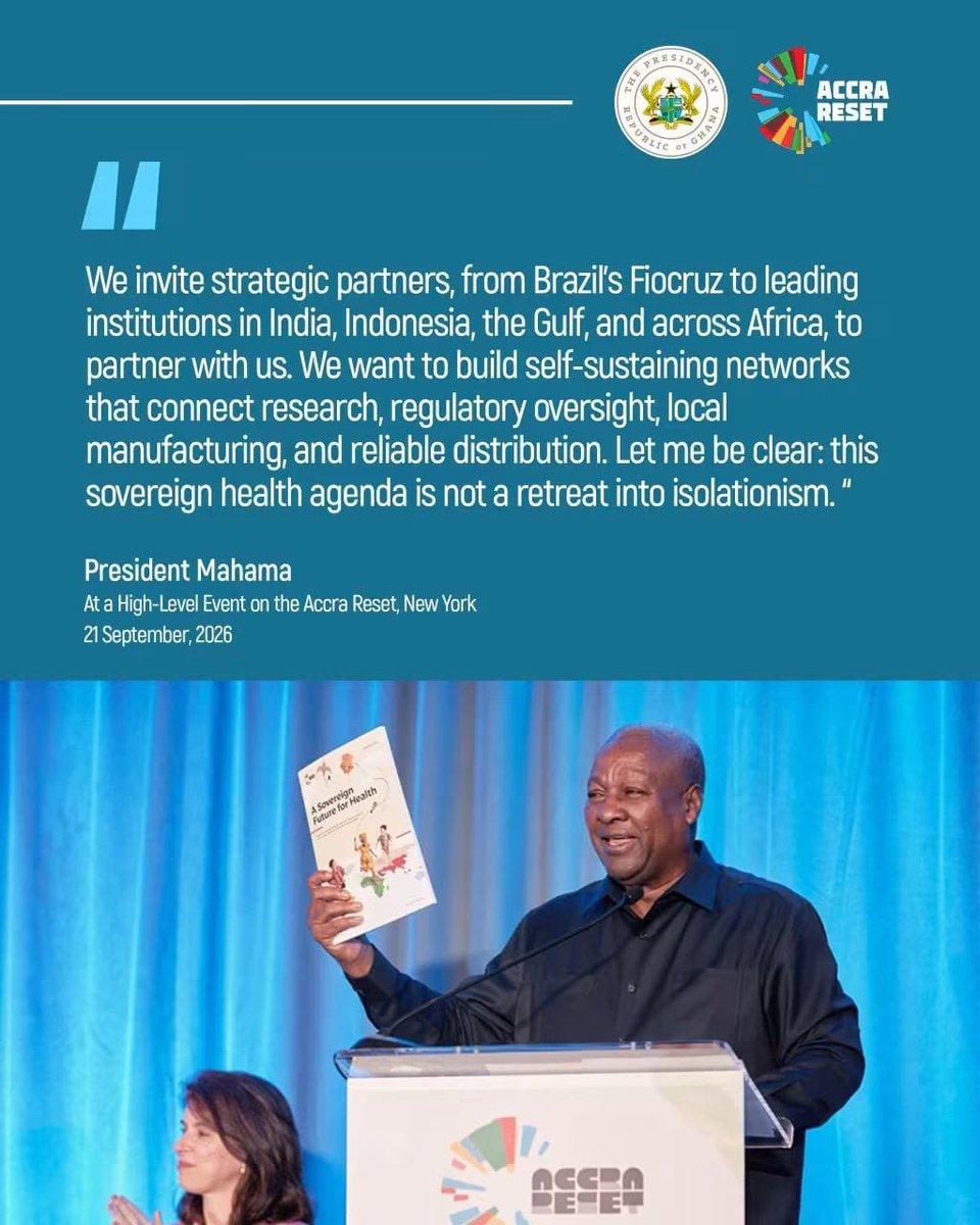 GhanaPresidency's tweet photo. President John Dramani Mahama has called for stronger partnerships across the Global South to build self-sustaining health systems linking research, regulation, local manufacturing and reliable distribution.
He stressed that the sovereign health agenda is not a retreat into isolationism, but a call for strategic cooperation and shared capacity-building

#PresidentMahamaUNGA81
#MahamaThePresident