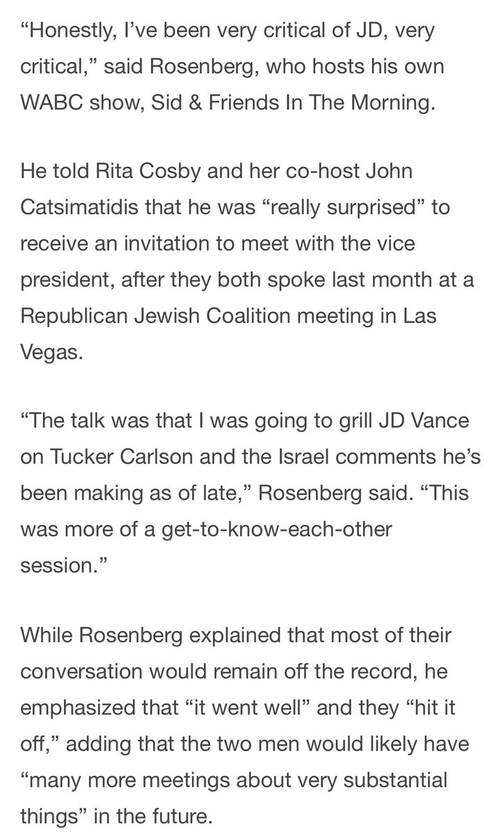 fshgroyp's tweet photo. Remember Sid Rosenberg? The Jewish radio host who HATED JD Vance's speech at the Republican Jewish Coalition?

Not only did JD Vance invite him to a private meeting to patch things up, but Vance is also hosting a Shabbat dinner this week. They are now on good terms with “many more meetings to come”.