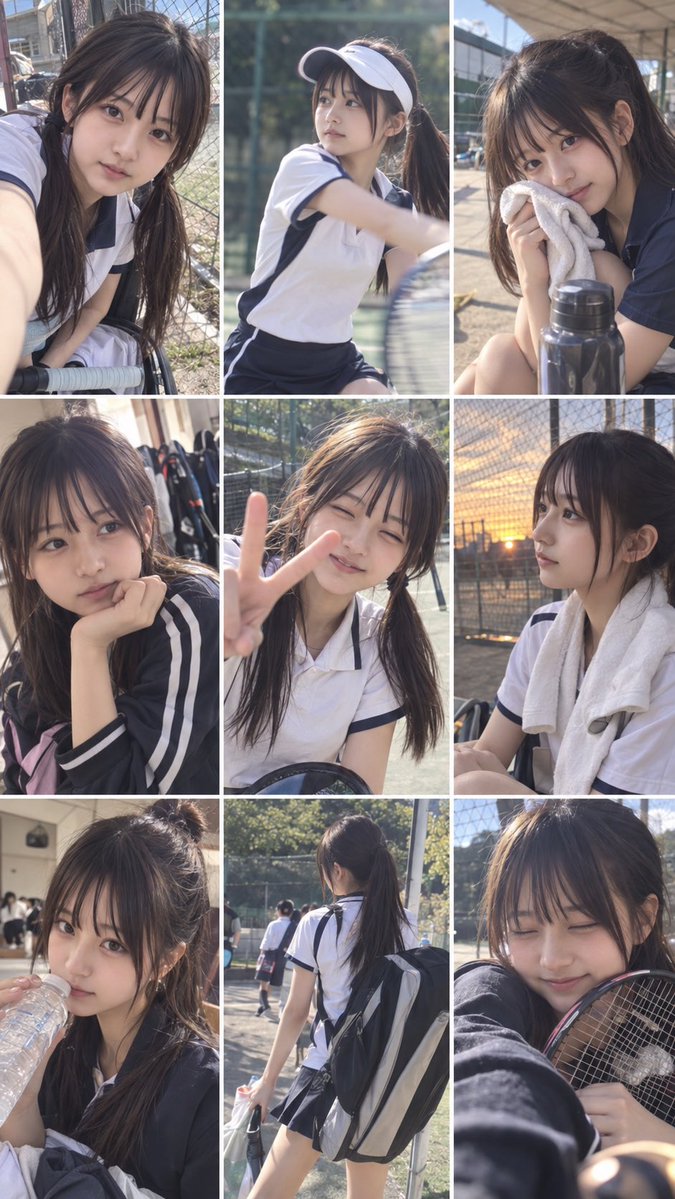 SakurakoAis's tweet photo. 🎾テニスは青春の思い出なのです🩷✨

#ChatGPT #GPTimage 
部活：〇〇部
参照画像の女の子と同一人物である女の子の、高校3年間の部活動の思い出を振り返る3×3の9グリッド写真。
入部したばかりの1年生から、部活に馴染んだ2年生、最後の大会や引退を迎える3年生まで、時間の流れが自然に伝わる9枚。女の子本人の顔立ち、体型、髪など人物同一性は参照画像を基本とし、同一人物として自然な範囲で、3年間の成長や髪型、雰囲気の変化を加えてよい。
9枚すべて縦長9:16のスマホ写真。集合写真のように整えず、友達や部員がその場で撮った写真、練習中の不意打ち、休憩中、移動、準備や片付け、遠征、居残り練習、ランニング、爽やかな汗、合宿、試合・発表・本番の前後、卒業記念など、部活をしていた3年間のカメラロールから特に良い瞬間を9枚選んだような構成。列挙した場面を一つずつ消化する必要はなく、その部活と女の子にとって本当に思い出として残りそうな9つの瞬間を自由に選ぶ。
1年生はまだ少し初々しく、先輩についていく時期。2年生では部活が日常になり、仲間との自然な距離感や生き生きした姿が増える。3年生では慣れた動きや後輩との関係、最後の本番、引退前後など、その部活で過ごした時間が感じられるようにする。
各写真で、場所、出来事、撮影距離、カメラ位置、顔の向き、姿勢、動作、表情を変える。同じ笑顔や同じ構図を繰り返さず、その瞬間の状況から自然に生まれた女の子の表情を写す。
練習場所だけに固定せず、部室、校内、屋外、遠征先、帰り道、寄り道、飲食店、休憩時間など、その部活なら実際にありそうな場所へ広げる。服装や道具も部活と場面に合わせて自然に変化させる。
作り込んだ青春ドラマではなく、本当に3年間その部活を続けた女の子のスマホに残っていそうな思い出写真。自然光を中心に、少し傾いた画角、偶然の切れ、動きによる軽いブレなど、生写真らしい不完全さを残す。
9枚を通して、入部した春から引退・卒業までの季節と時間、女の子自身の成長、仲間との関係が自然に積み重なって見える一枚にする。楽しかった日だけでなく、何でもない普通の日まで含めた、高校生活の青春を代表する9枚。
文字、年齢表記、学年表記、数字、ロゴ、UIなし。