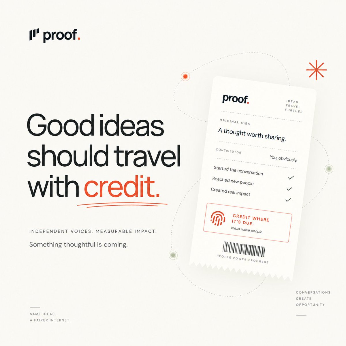 ProofOriginal's tweet photo. Proof makes online contribution easier to track.

When an idea spreads, different people help it grow by sharing it, adding context, or bringing it to new audiences. 

Proof helps connect that activity back to the people who contributed.

Clearer contribution. Measurable impact. https://t.co/pjeEDOKDc7