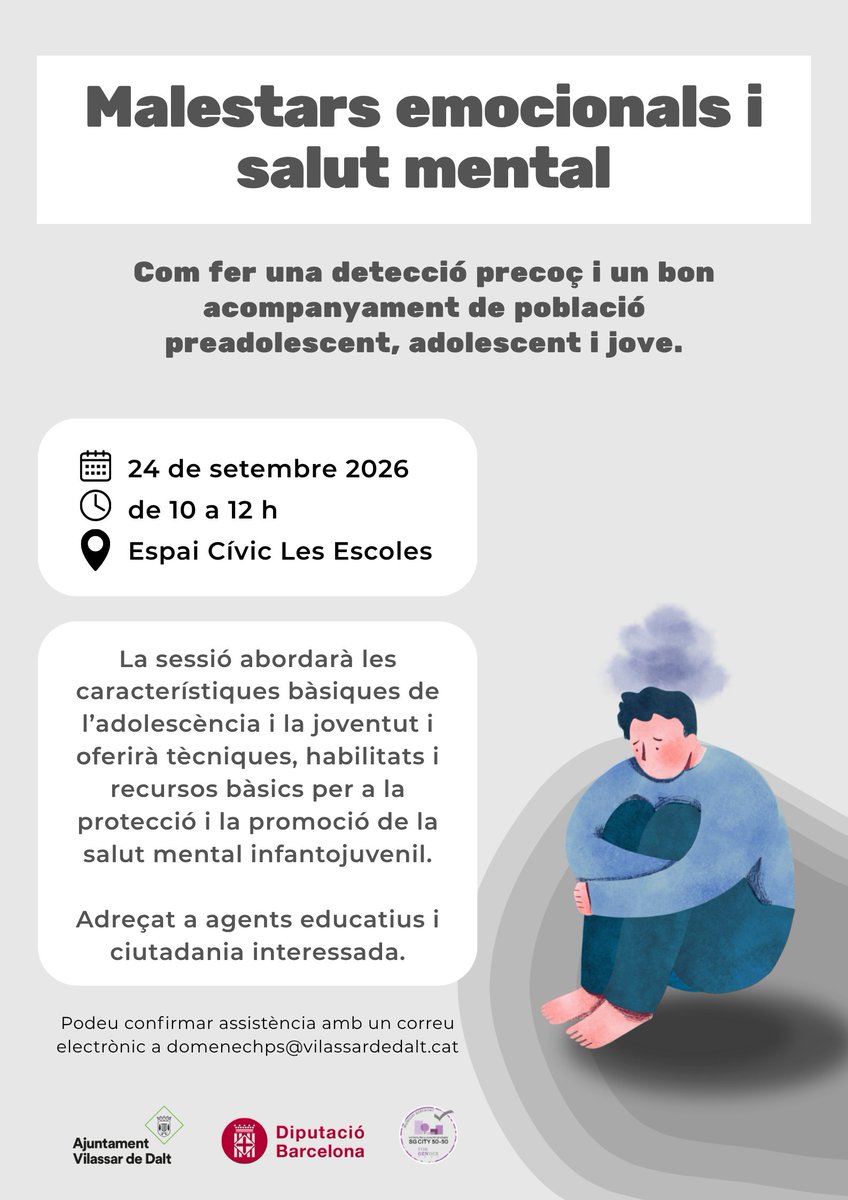 vilassardedalt's tweet photo. 'Malestars emocionals i salut mental' és la proposta formativa de l'àrea d'Educació de l'Ajuntament que tindrà lloc aquest dijous, una sessió per aprendre com fer una detecció precoç i un bon acompanyament de població preadolescent, adolescent i jove.

ℹ️ https://t.co/7Wdxrd8RGx https://t.co/04kskOVC34