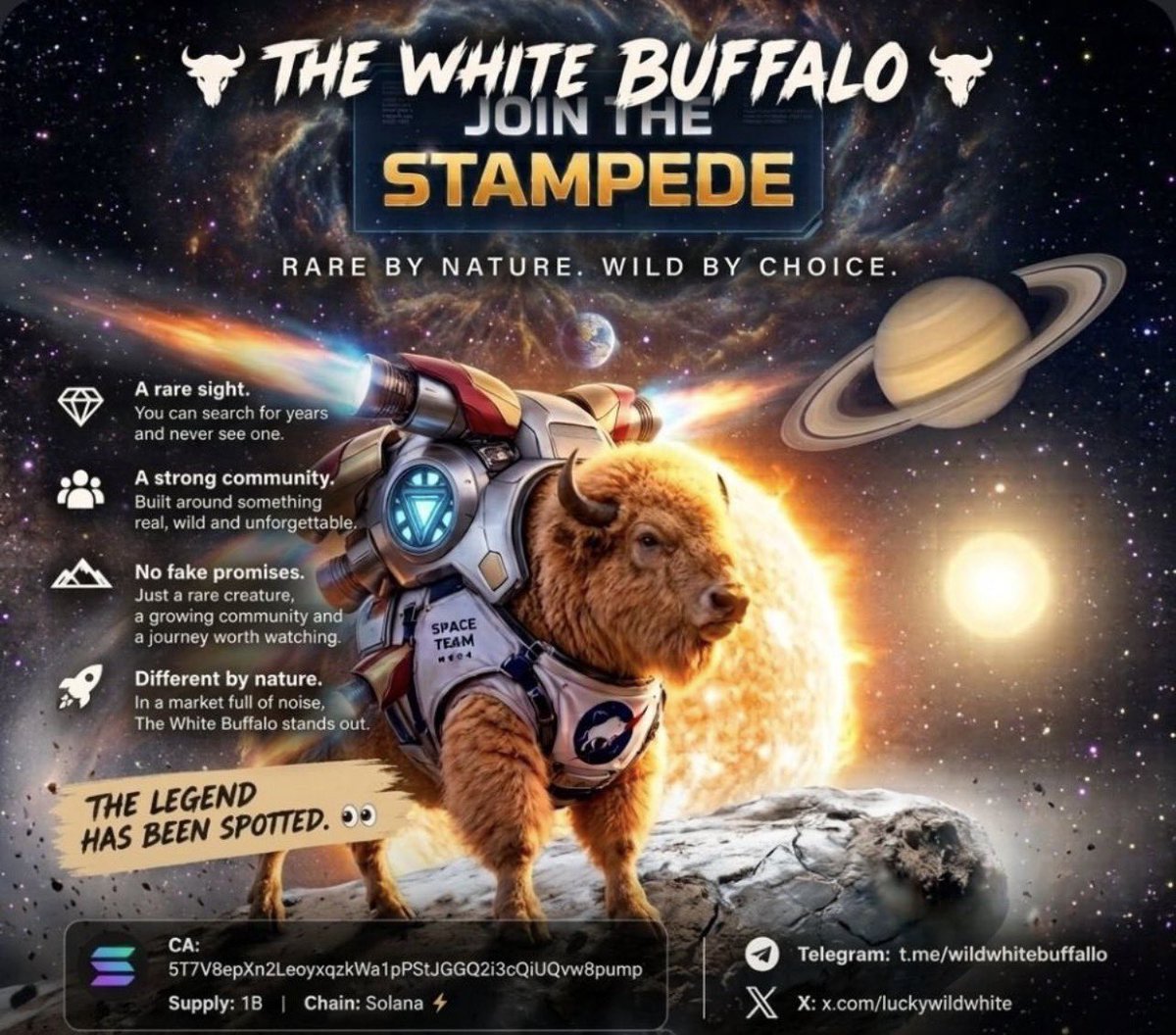 DaCryptoTycoon's tweet photo. 🐃 THE WHITE BUFFALO 🐃

Rare. Wild. Unforgettable. 🤍🐃

A community built around something truly different.

No hype. No complicated story.
Just the legend, the community, and the journey. 👀

The legend has been spotted. 🐃

CA: 5T7V8epXn2LeoyxqzkWa1pPStJGGQ2i3cQiUQvw8pump https://t.co/kCoa6WOSG2
