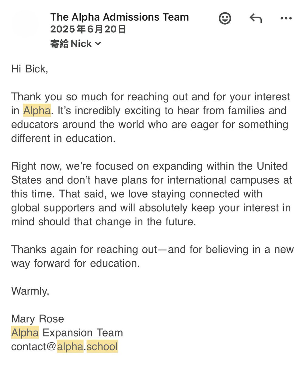 NickP_BTC's tweet photo. @Rubywang @fidjissimo @Alphaschool 我一年多前有問他們是否想來 馬來西亞開分校，他們回覆只以美國為主。😁 https://t.co/jpt4kLSY1u