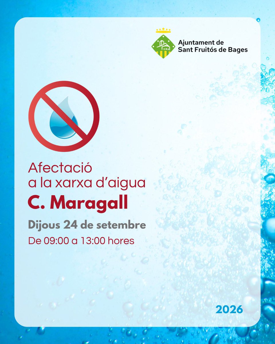 AjSantFruitos's tweet photo. 🚱El dijous 24 de setembre es realitzarà un tall d’aigua, de les 9 del matí a la 1 del migdia.
Afectacions 👇🏻
C. Maragall: 15, 17, 27, 29 i 31
☎️ Per a qualsevol incidència @aiguesmanresa: 93 872 55 22, de dilluns a divendres de 8 a 18 hores
#SFB #santfruitós https://t.co/usqUcmzARX
