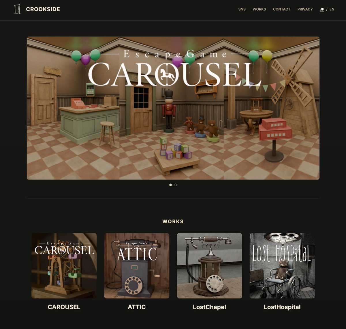 crooks1de's tweet photo. CROOKSIDEの公式ホームページを制作しました✨
そして新作の脱出ゲーム「CAROUSEL」を近日中に公開します🎈
公式ホームページはこちら（ENも対応しています）
→https://t.co/pa1cgnPsyG https://t.co/v9OihgoeJW