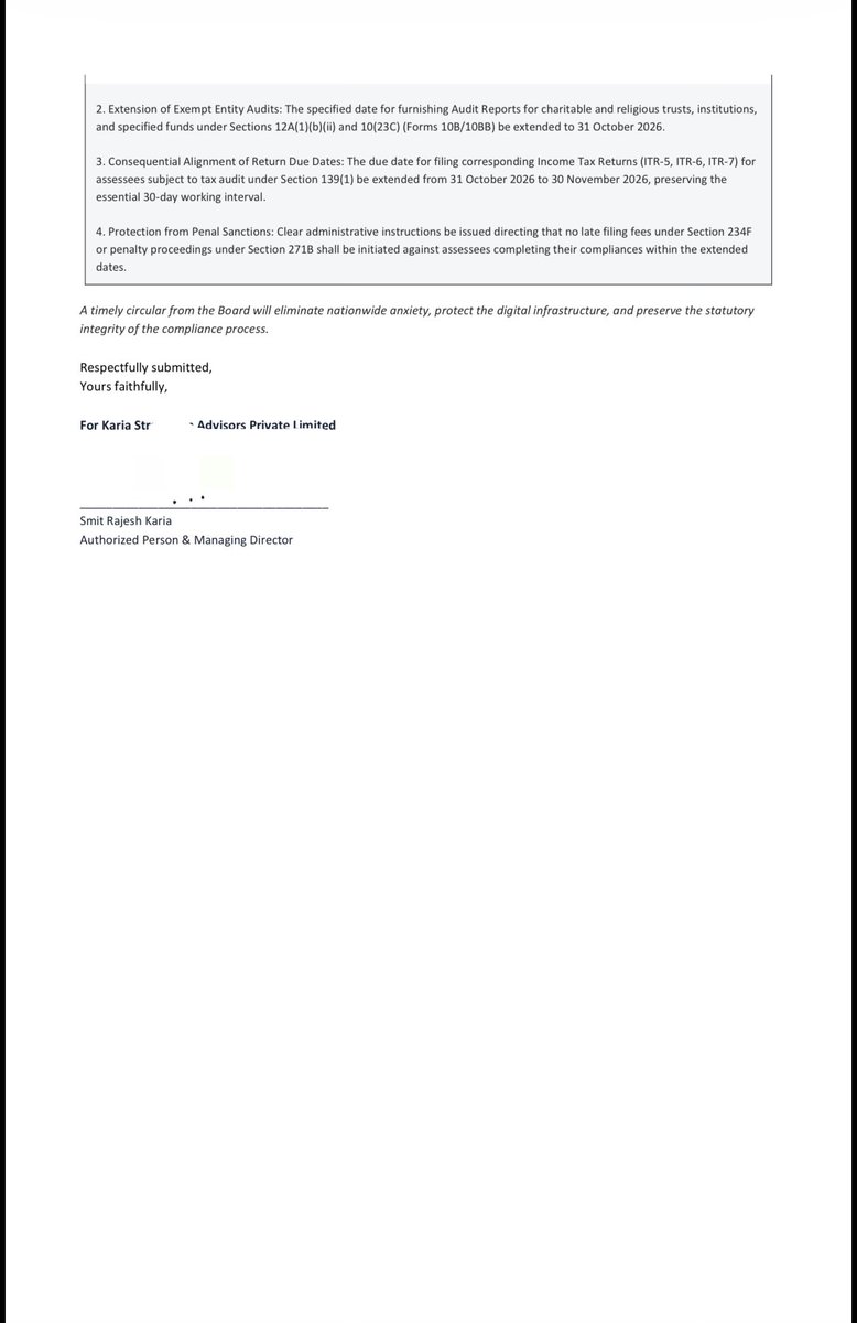 smit_karia's tweet photo. ๐ข Representation to @nsitharamanoffc @nsitharaman , @FinMinIndia @officeofpcm @PIB_India & @IncomeTaxIndia Extension of Tax Audit Due Dates (AY 2026-27)ย
from 30 September 2026 to 31 October 2026.
#Extend_due_date_now #Incometax #Taxfiling #filenow #ITR https://t.co/gpNmbZOgHy