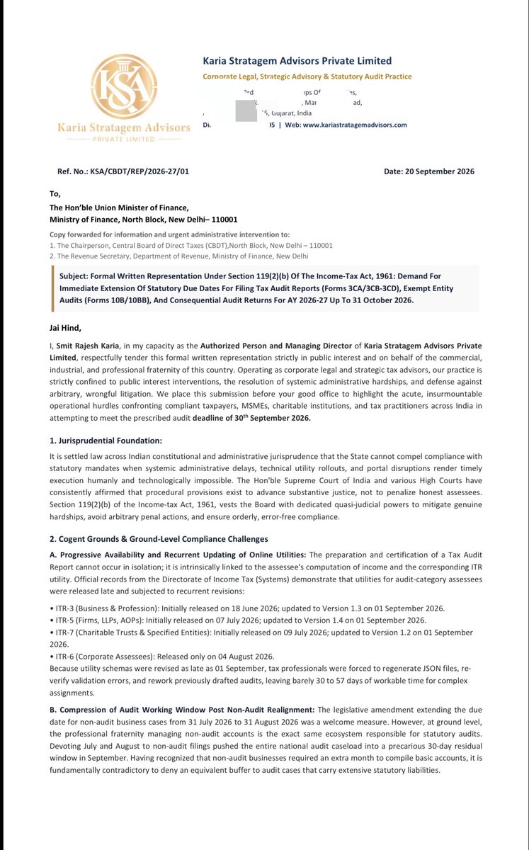smit_karia's tweet photo. ๐ข Representation to @nsitharamanoffc @nsitharaman , @FinMinIndia @officeofpcm @PIB_India & @IncomeTaxIndia Extension of Tax Audit Due Dates (AY 2026-27)ย
from 30 September 2026 to 31 October 2026.
#Extend_due_date_now #Incometax #Taxfiling #filenow #ITR https://t.co/gpNmbZOgHy