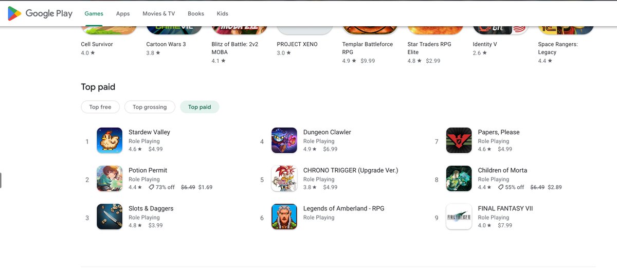 SilverLemur's tweet photo. Legends of Amberland reached 5th place (6th at the moment of taking the screenshot) on the "Google Play Top Paid Role Playing games Chart in the US"!
Yay!
#LegendsOfAmberland #Mobile #port #RPG https://t.co/o6NfisKkQ0