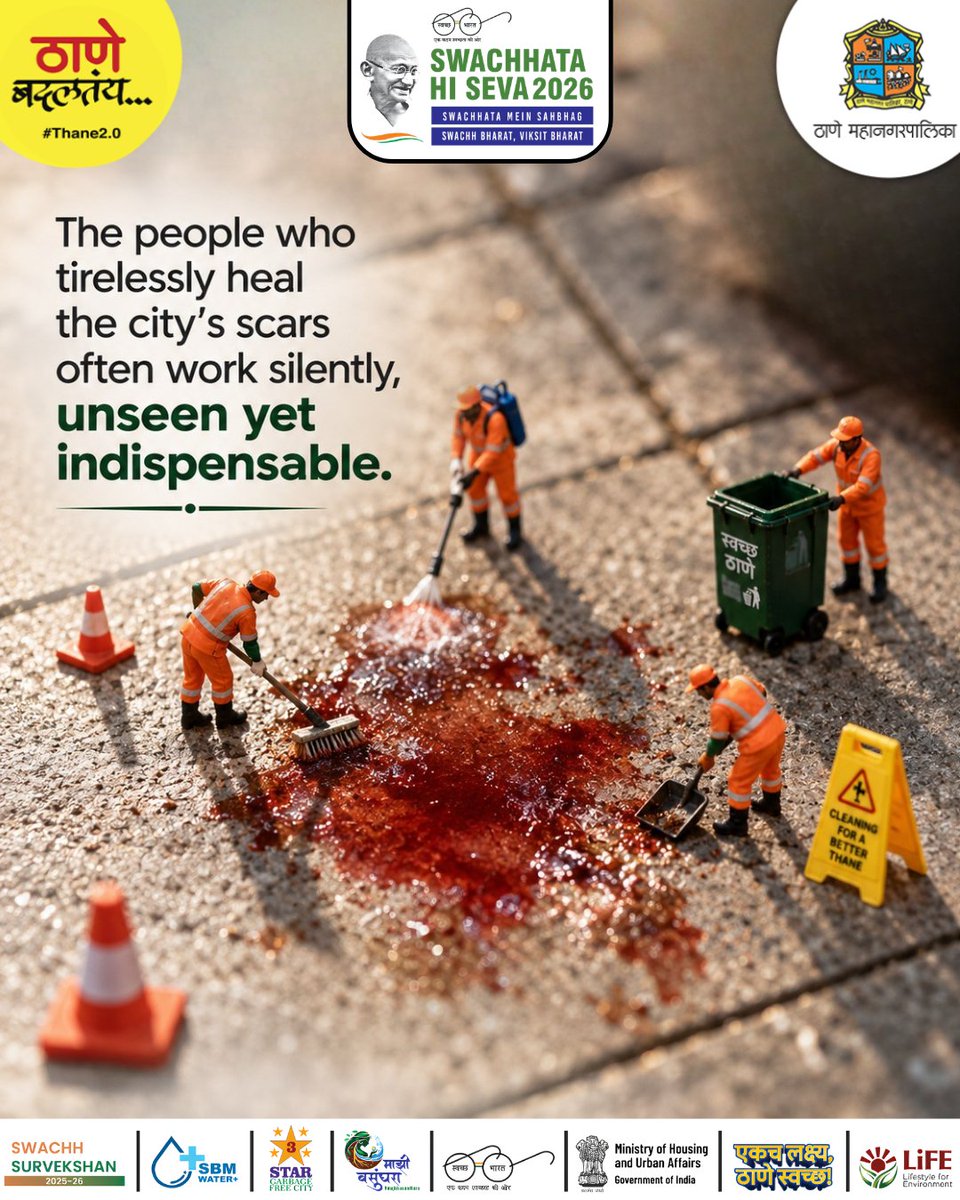 TMCaTweetAway's tweet photo. Sanitation workers tirelessly erase the marks of unhygienic habits from our city. Let’s respect their efforts. Avoid spitting in public places and act responsibly to keep Thane clean and beautiful.

#SwachhataHiSeva2026 #SevaSankalp #SHS2026 #StopSpitting #KeepStreetsClean #Thane https://t.co/34y6lmIKD1