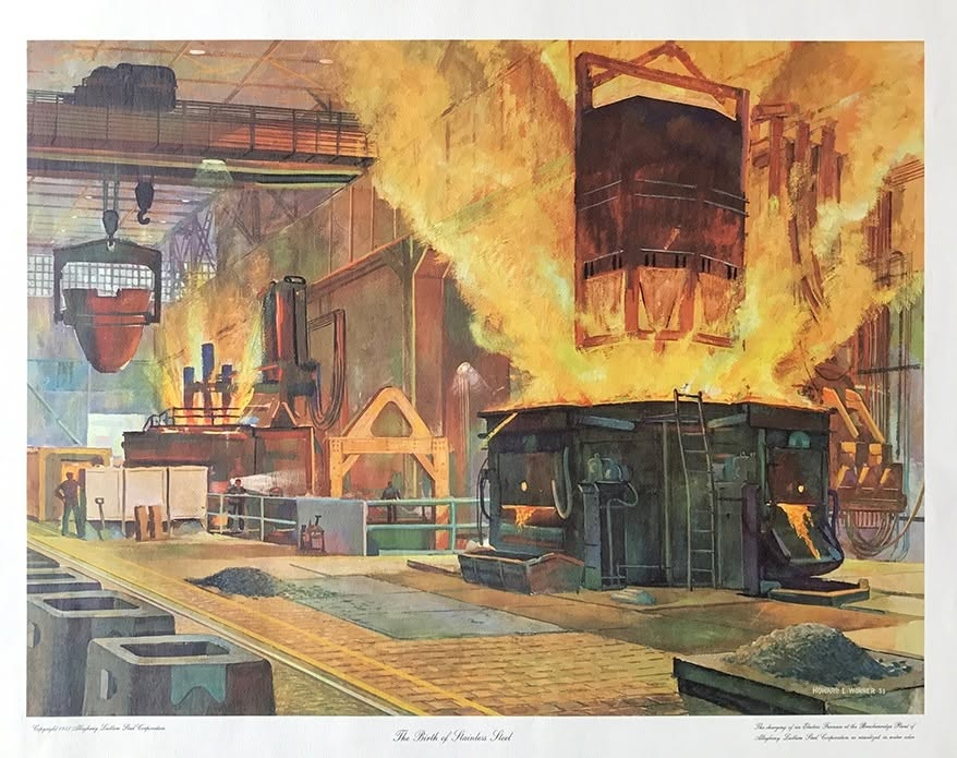 JDHaltigan's tweet photo. Howard L. Worner (American, 1913-2006) - Ludlum Steel Corporation, 'Birth of Stainless steel' #industrialart https://t.co/Nx19vBPdpS