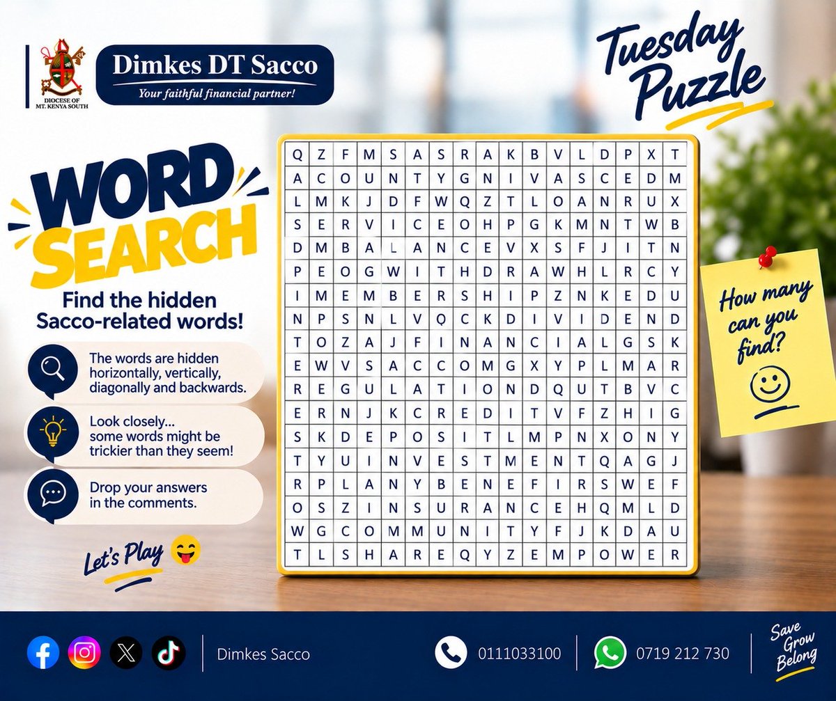 dimkessacco's tweet photo. Tuesday Puzzle π§©π
Sacco-related words are hiding in the gridππ How many can you spot? π€
Letβs playπ€ π
#TuesdayPuzzle
#DimkesDTSacco
#YourFaithfulFinancialPartner
#saccotrendmagazine https://t.co/AIiXv2mZRC