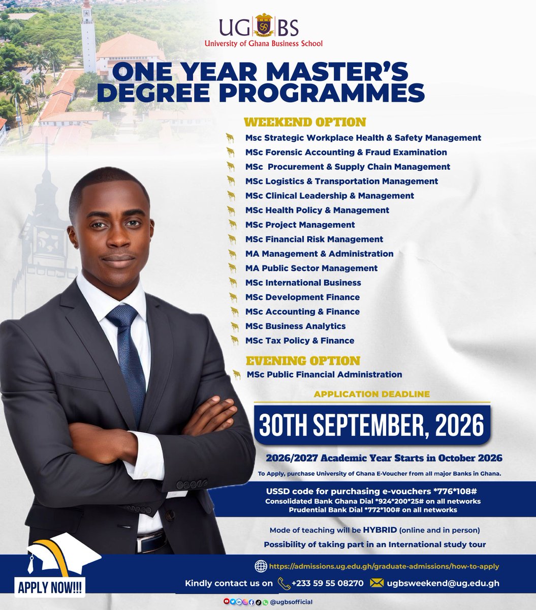 ugbsofficial's tweet photo. APPLICATION DEADLINE EXTENDED!

Good news!  Applications for the UGBS One-Year Weekend Master’s Programmes, Executive MBA Programmes and Weekend MBA Programmes have been extended!

🗓️ New Deadline: 30th September 2026

Details below.

#GraduateAdmissions #WeekendProgrammes https://t.co/jC6NKcJbvS