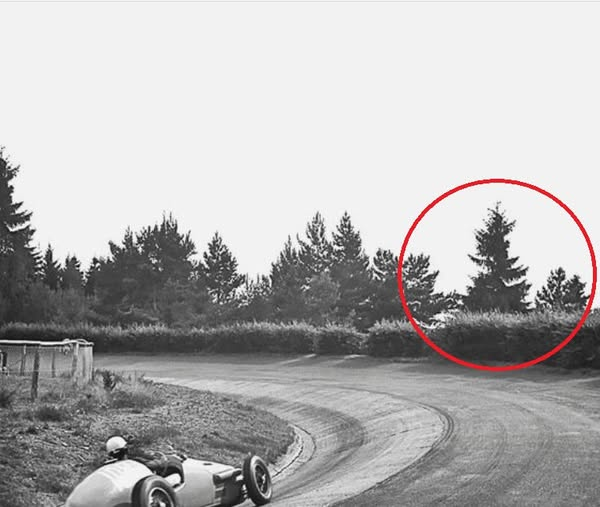 theflammifer's tweet photo. @rude960 @_JesseCinco No, he did. The Karussel corner has a blind entrance, you can't see the track as it falls away from you behind a crest, so you have to find a marker. In his day, there was a tree he used as the aiming point, most people think it's the one circled here. https://t.co/uczsOIm6o5