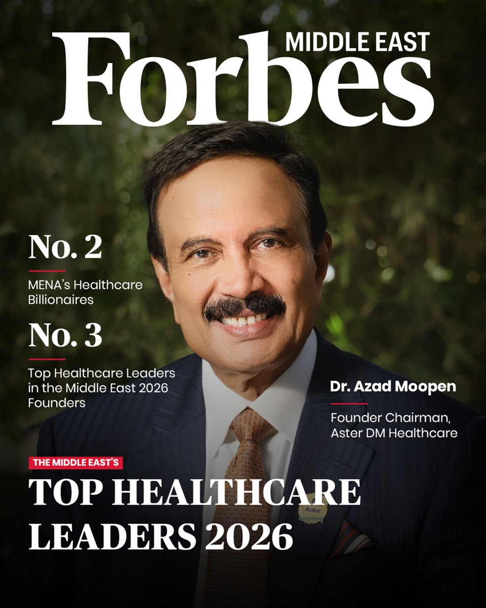 ASTERHealthcare's tweet photo. A proud moment for Aster DM Healthcare as our Founder Chairman, Dr. Azad Moopen, is recognised among the Middle East’s Top Healthcare Leaders 2026 by Forbes Middle East.
From one clinic in Dubai in 1987 to millions of lives touched, his vision continues to shape healthcare. https://t.co/ZjuaCQjmpG
