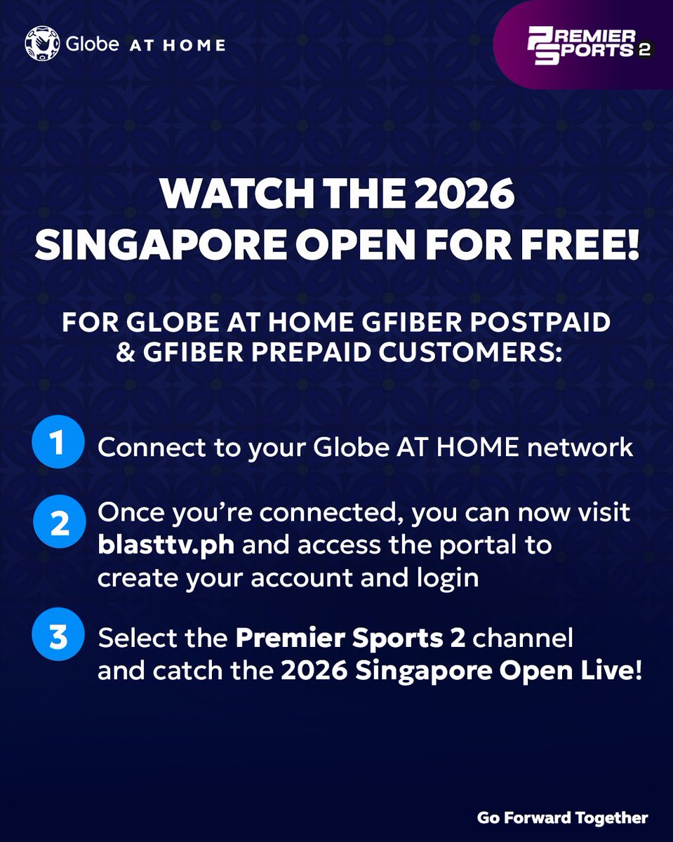 enjoyGLOBE's tweet photo. Are you ready to #RallyTheRoar? 🔥🎾
Catch your favorite players go head-to-head at the 2026 #SGTennisOpen, this September 22–27!
LIVE & FREE on @blasttvph, powered by #GlobeATHOME. 💙
#GoForwardTogether https://t.co/V9ulOD1io1
