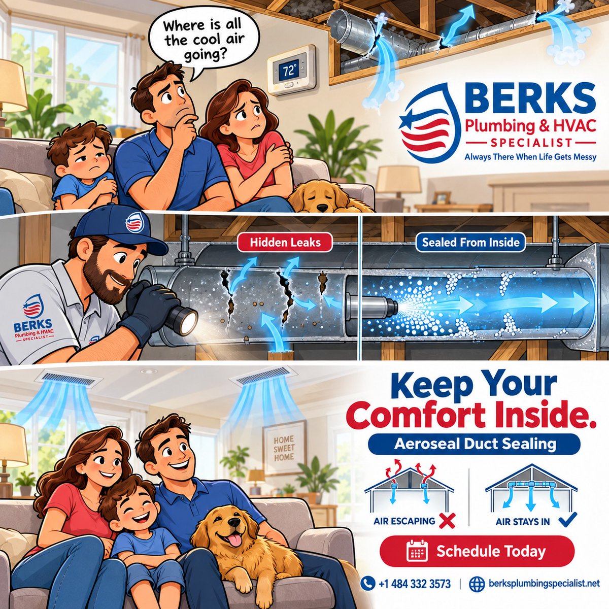 Berksplumbing's tweet photo. 💨 Uneven temperatures? Weak airflow?

Hidden duct leaks could be letting conditioned air escape.

Aeroseal helps seal leaks from inside your duct system so more comfort stays in your home.

📞 484-332-3573
 🌐 https://t.co/5ejxnMZbYW

#Aeroseal #DuctSealing #HVACService #BerksCounty #BerksPlumbing