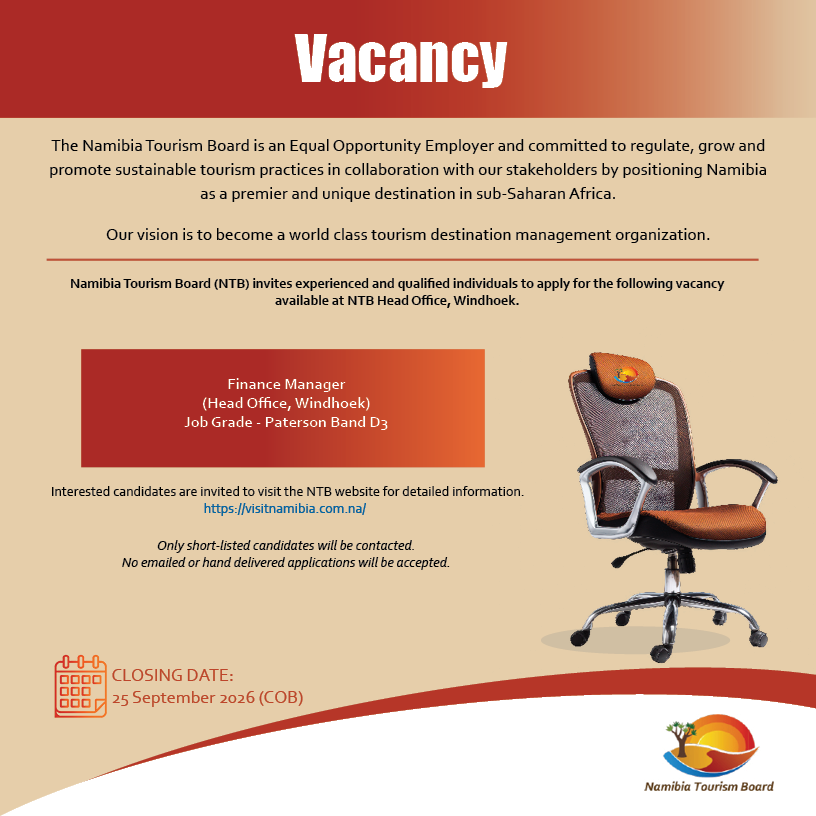 Tourism_Board's tweet photo. The NTB invites qualified individuals to apply for the following vacancy available at NTB Head Office in Windhoek.
Apply now 👉 https://t.co/0hHJ5pswbH
WhatsApp Channel: https://t.co/ioreBPWkp5
#sharemyNamibia #visitNamibia #experienceNamibia #discoverNamibia https://t.co/08RWIj1LR6