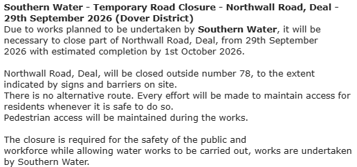 KentHighways's tweet photo. Deal, Northwall Road: Will be closed from 29th September until 1st October outside number 78 while allowing water works to be carried out by Southern Water.: https://t.co/CF5MwNWmsj https://t.co/5ZS5lWeAX7