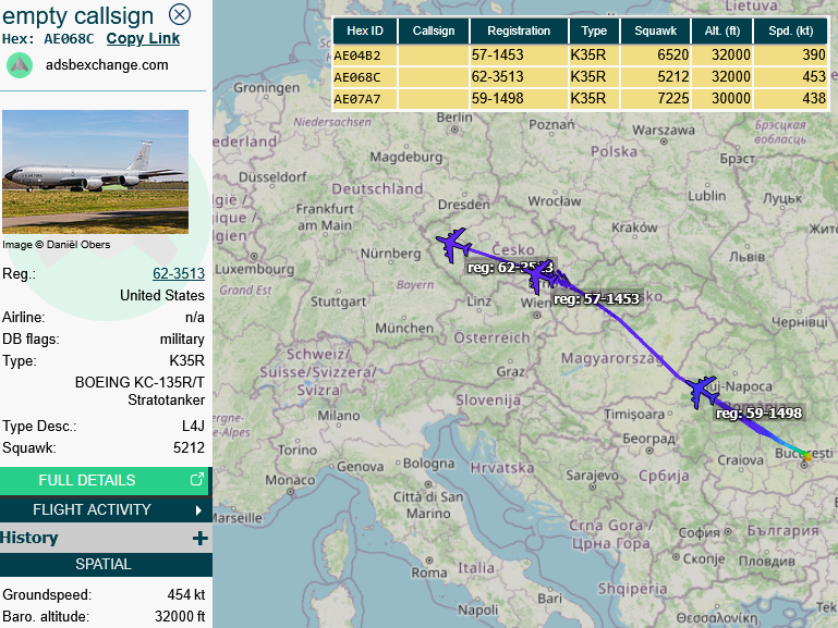 SirListenalot's tweet photo. #KC135's #AE068C #BORA74, #AE04B2 #BORA84 &amp; #AE07A7 #BORA94 out of Bucharest on their way to pick up "OK" #F16's #TREND31, #TREND41 &amp; #TREND51 out of Spangdahlem https://t.co/nkOzgutXwm