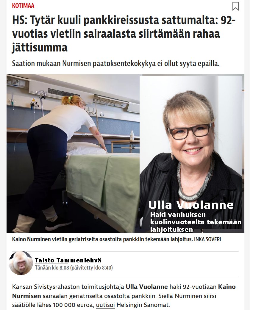 tositaisto's tweet photo. Ulla Vuolanne demarijärjestö Kansan Sivistysrahastosta haki vanhuksen kuolinvuoteelta sairaalasta lahjoittamaan kaikki säästönsä Ulla Vuolanteen johtamalle säätiölle.  Näyttää huijaukselta ja varkaudelta. Menikö summasta paljon Ullan omiin taskuihin siitä ei ole ilmoituksia. https://t.co/uMSOSwldyc