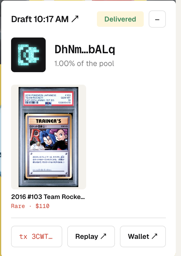 Stonk_Raffle's tweet photo. oh and someone just got a 110$ card from a 225$ pack with a 1% chance, no big deal, but I'm writing the puzzle post now https://t.co/q2SkoWX9Me
