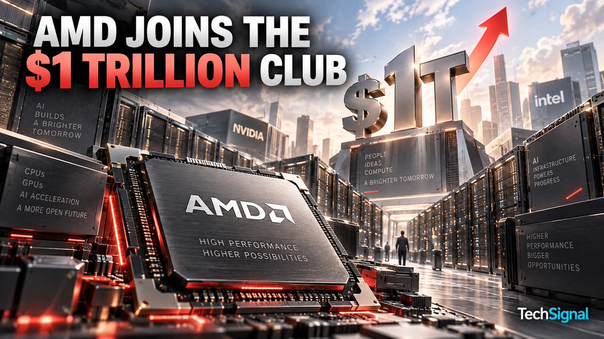 tchsignal's tweet photo. What AMD's $1 Trillion Valuation Really Means

AMD has crossed a $1 trillion market capitalization for the first time, after its shares rose 9.6% to $613.31 on September 21. The stock was up roughly 185% in 2026 at that point.

The milestone comes amid broader enthusiasm around AI infrastructure and semiconductor stocks. The PHLX Semiconductor Index gained 4.3% that day, while AMD has been expanding beyond individual chips toward complete AI systems that combine processors, networking and related infrastructure.

But $1 trillion needs context. Market capitalization reflects the market value of a company's outstanding shares. It is not revenue, profit or a direct measure of technological leadership.

AMD reaching the milestone before Intel therefore does not establish that AMD has beaten Intel across the business. And the gap with Nvidia remains substantial: Tom's Hardware put Nvidia's market value at roughly $5.4 trillion at the time.

What the milestone does show is how dramatically investors have revalued AMD during the AI infrastructure boom.

#AMD #Semiconductors