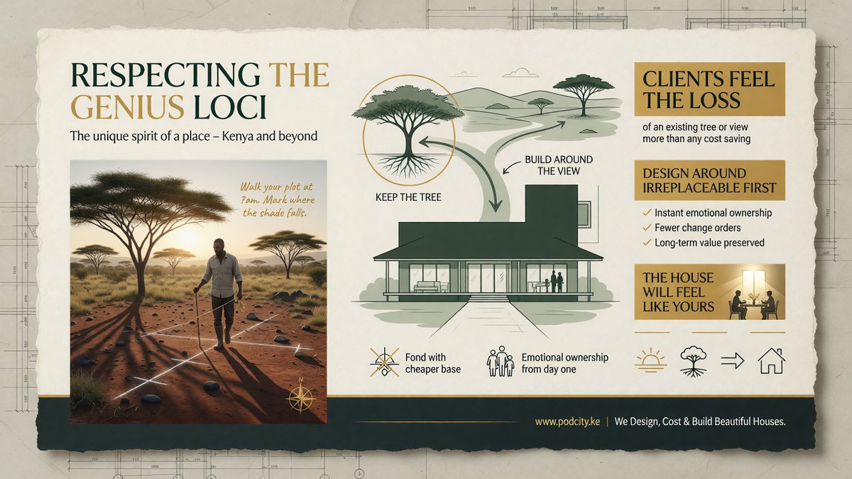 dnahinga's tweet photo. Respecting the genius loci: the unique spirit of a place. Clients feel the loss of an existing tree or view more acutely than the gain of a cheaper foundation. Designing around irreplaceable site features first creates instant emotional ownership, reduces later change orders, and preserves long-term property value.

Before anything: walk your plot at 7am and mark where the shade falls. Keep the tree. Build around the view. The house will feel like yours from day one.

https://t.co/RG3OtNJIsT