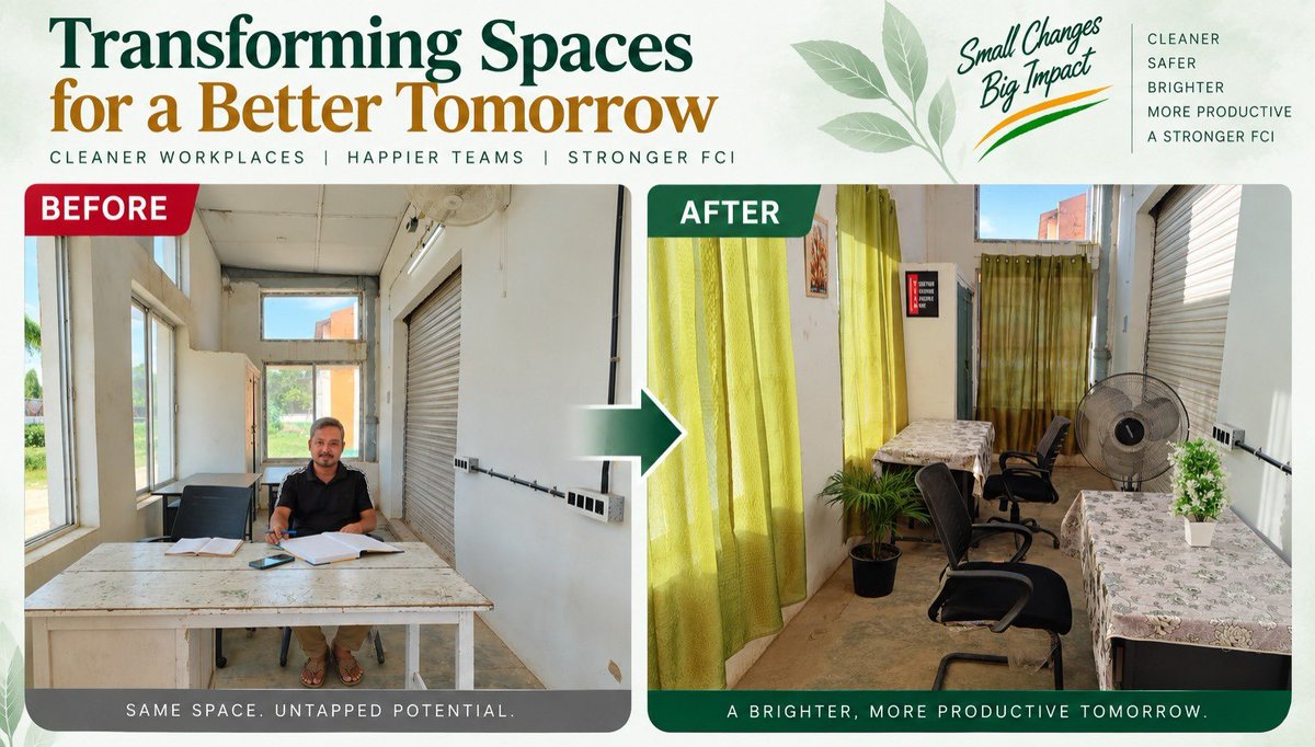 fcidojorhat's tweet photo. 🌿 Transforming Spaces for a Better Tomorrow

As part of Swachhta Pakhwada 2026, workplace transformation undertaken at FSD Cinnamara (Under DO Jorhat), to promote cleanliness, hygiene, safety and productivity. A cleaner and more organised workplace reflects a stronger commitment towards a Swachh, Safe and Stronger FCI.

Cleaner Workplaces | Happier Teams | Stronger FCI

#SwachhtaPakhwada2026 #FCI #Swachhata #CleanWorkplace