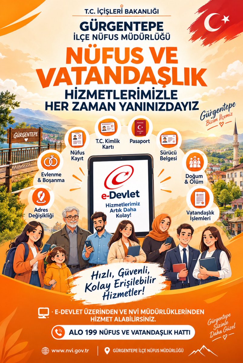 Grgentepenfs's tweet photo. “Hayatın her anında, vatandaşlarımızın yanındayız. 🇹🇷
Kimlik kartı, pasaport, nüfus kayıt, adres değişikliği, evlenme, doğum ve ölüm işlemleri başta olmak üzere birçok nüfus hizmetini güvenli, hızlı ve kolay şekilde sunuyoruz. https://t.co/o70PfWBtTR