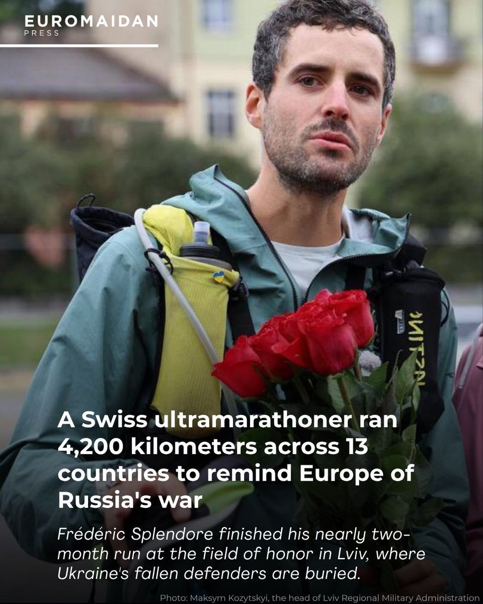 EuromaidanPress's tweet photo. In Lviv on 21 September, the International Day of Peace, Swiss ultramarathoner Frédéric Splendore completed a charity run of more than 4,200 kilometers in support of Ukraine, Lviv Regional Military Administration head Maksym Kozytskyi said.

More than 13 countries and nearly two months on the road: Splendore ran across Europe to remind people of the war Russia is waging against Ukraine and to raise money for humanitarian aid. 

The finish took place at the Field of Honor in Lviv, where Ukraine's fallen defenders are buried. The runner wanted to personally honor Ukraine's heroes.

Splendore called his ultramarathon Beyond Borders. Humanity and support truly have no borders, Kozytskyi added.

The regional administration said the Beyond Borders project aims both to draw European attention to Russia's aggression and to raise funds for humanitarian aid, to be directed to rebuilding housing, medical care, and support for internally displaced people in Ukraine. 

The fundraising goal is about €140,000; as of 18 September, roughly €6,379 had been raised. After Lviv, Splendore and his team planned to travel to Kyiv, where he would visit Independence Square.