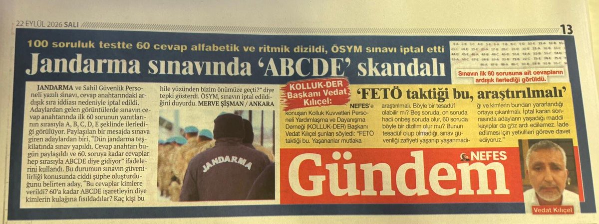 mervsismn's tweet photo. Jandarma sınavında 60 sorunun cevaplarının ABCDE şeklinde ardışık gittiği iddiası gündeme geldi, sınav iptal edildi.

NEFES'e konuşan KOLLUK-DER Başkanı Vedat Kılıçel, "FETÖ taktiği bu, araştırmalı" dedi.

👇👇👇 https://t.co/SeXWMHpFs3