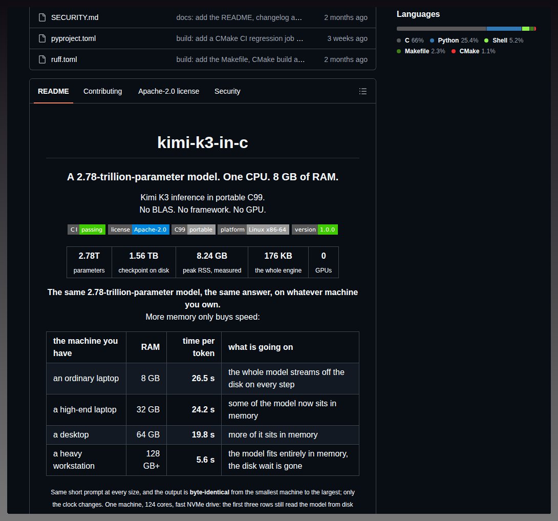 tom_doerr's tweet photo. Runs the 2.78-trillion-parameter Kimi K3 model on a single CPU using 8 GB of RAM without a framework or GPU.

https://t.co/b36f610tu9 https://t.co/Hjsa3JPrAl