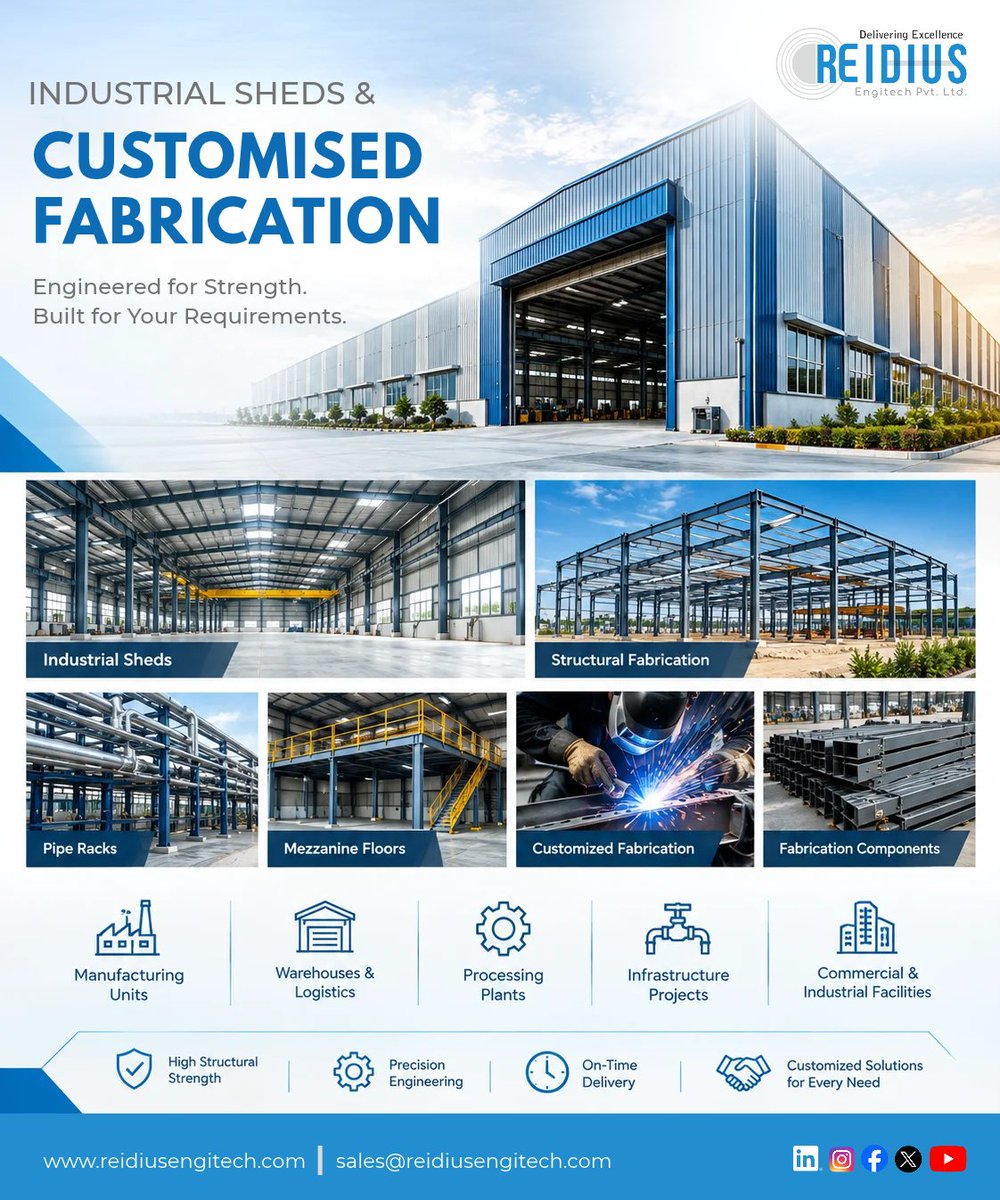 reidiusengitech's tweet photo. Industrial sheds &amp; customised fabrication: engineered for strength, built for your requirements.  Structural fabrication • Pipe racks • Mezzanine floors • On-time delivery  
📧 sales@reidiusengitech.com 
📷 https://t.co/nsEIlDPwF2 
#industrialfabrication #reidiusengitech https://t.co/NvlgJW24rV