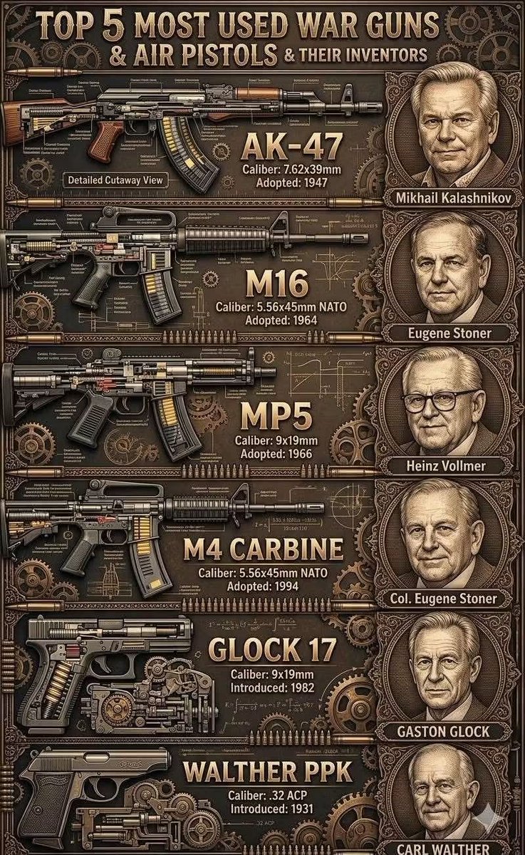 Muoghalujohn's tweet photo. A Look at Some of the World’s Most Recognized Firearms

Firearms have played a significant role in military, law-enforcement, sporting, and historical contexts. The infographic highlights several well-known designs and their inventors, including the AK-47, M16, MP5, M4 Carbine, https://t.co/XyVNEivMCr