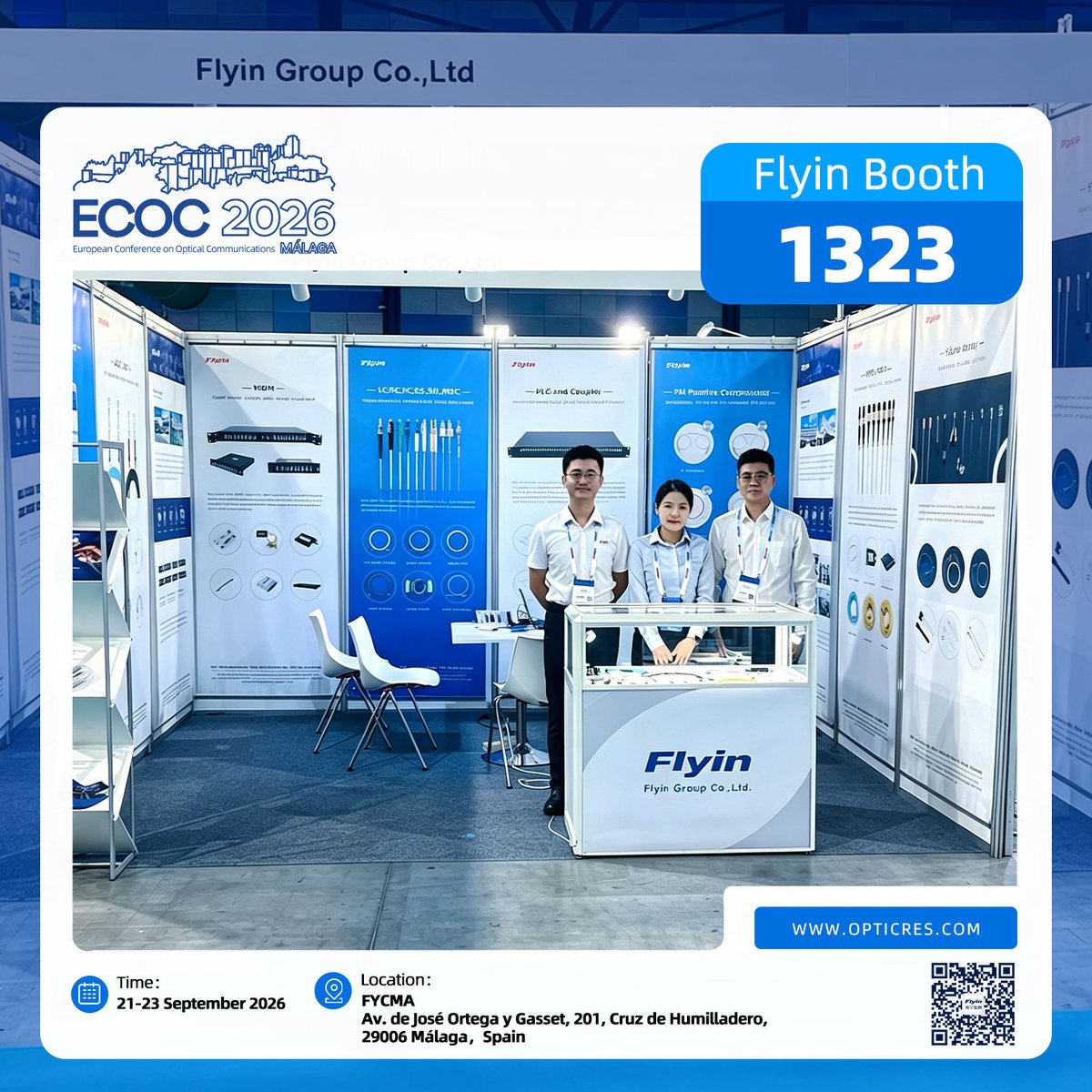 Flyin_Optronics's tweet photo. ECOC 2026 is underway! Flyin Group presents passive optical components &amp; high-density cabling for AI datacenter optical interconnects. Visit our booth to meet the team. sales@opticres.com | https://t.co/RNGCVC8PBu#ECOC2026 #OpticalComms #Datacenter #FlyinGroup https://t.co/2cnuByLE81