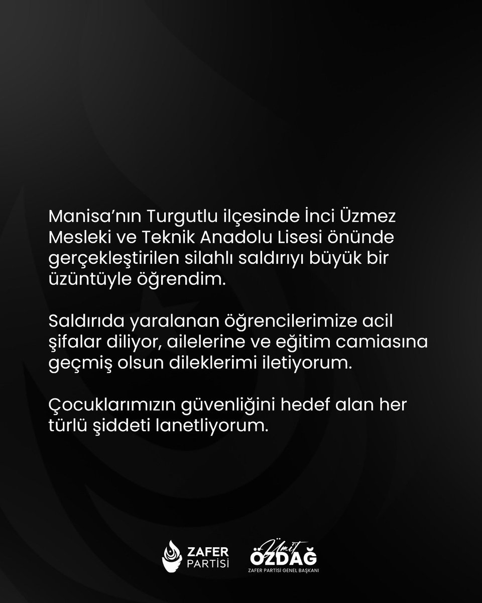 umitozdag's tweet photo. Manisa’nın Turgutlu ilçesinde İnci Üzmez Mesleki ve Teknik Anadolu Lisesi önünde gerçekleştirilen silahlı saldırıyı büyük bir üzüntüyle öğrendim.

Saldırıda yaralanan öğrencilerimize acil şifalar diliyor, ailelerine ve eğitim camiasına geçmiş olsun dileklerimi iletiyorum.

Çocuklarımızın güvenliğini hedef alan her türlü şiddeti lanetliyorum.
#Manisa