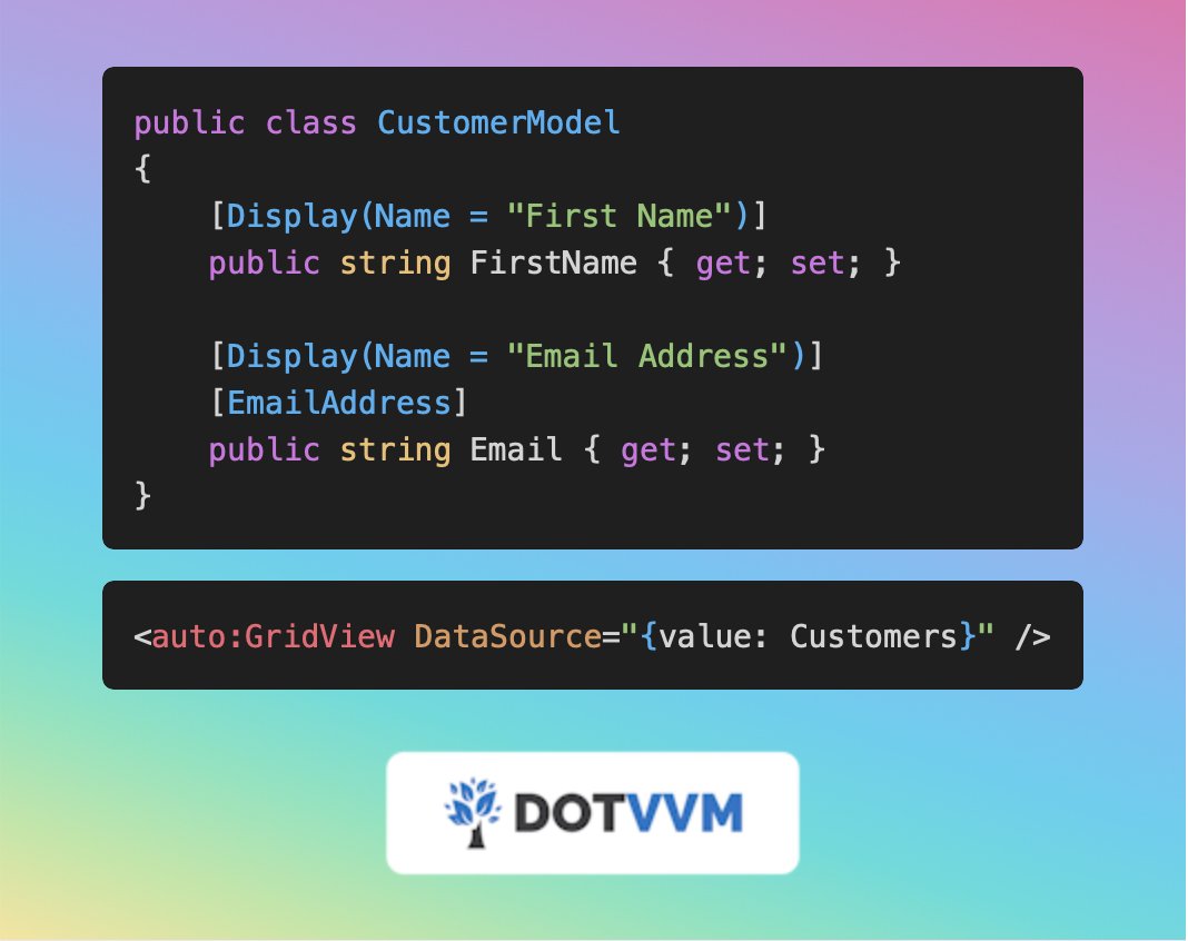 dotvvm's tweet photo. 📝 Tips and tricks
Are you tired of writing boilerplate code for basic grids and forms? DotVVM AutoUI can generate an entire grid based on the properties of your viewmodel automatically! 🤖

Discover more: https://t.co/q9cOomsL9j https://t.co/uly1QOJteH