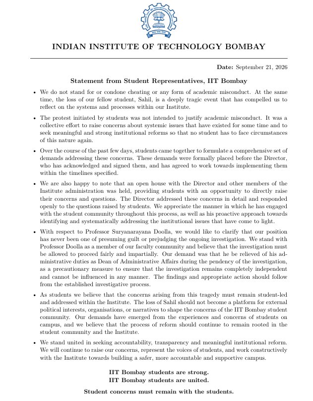 YSomkunwar's tweet photo. The students are not confused, Narrative around them is.

Students have shown greater institutional wisdom than the institution itself. They demanded an impartial investigation while IIT Bombay initially presented an allegation as fact and later apologised for doing so.

Students are demanding truth, accountability and due process.

Respect their agency. Respect their intelligence.