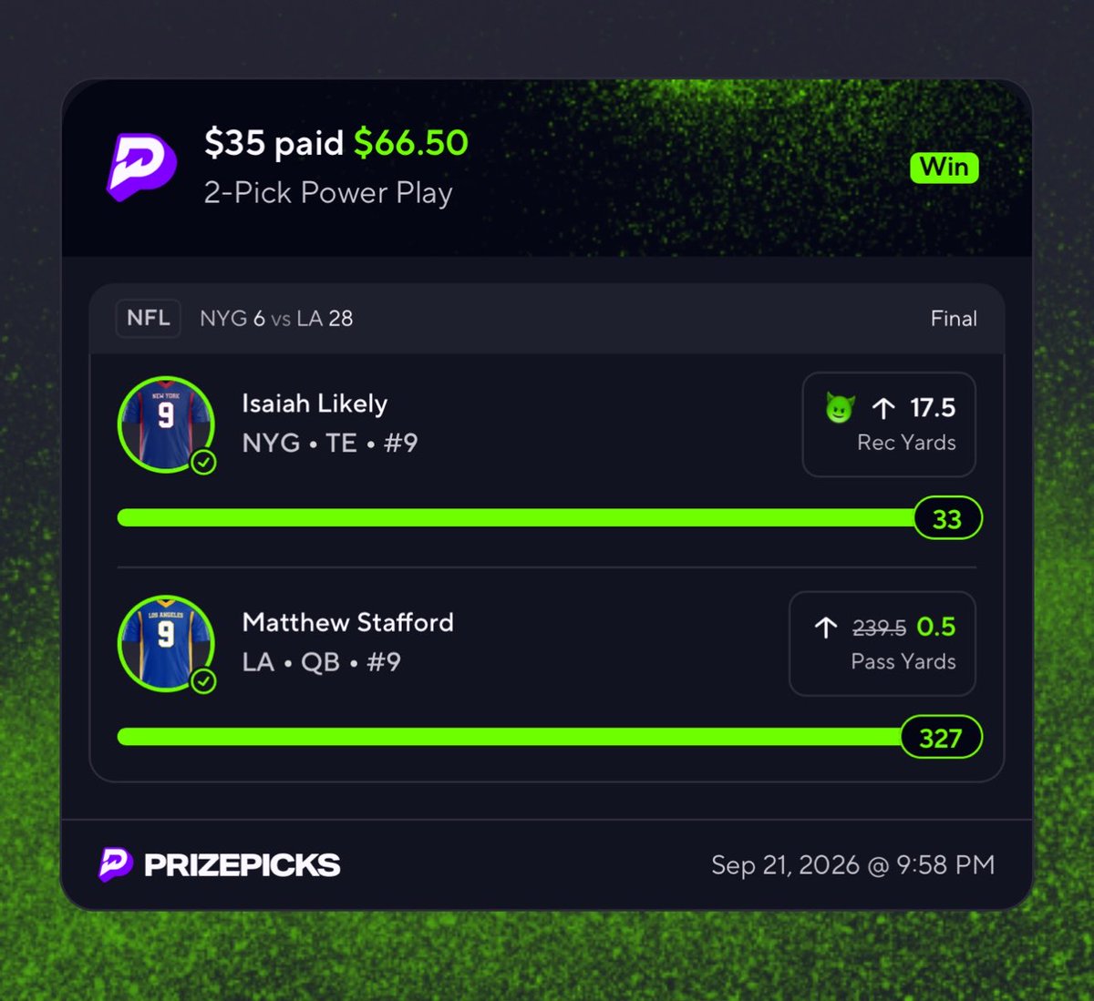 mtrgamingtv's tweet photo. Easy MNF green slips ✅✅ #PrizePicks #NFL #MondayNightFootball https://t.co/IOiiZr6syu