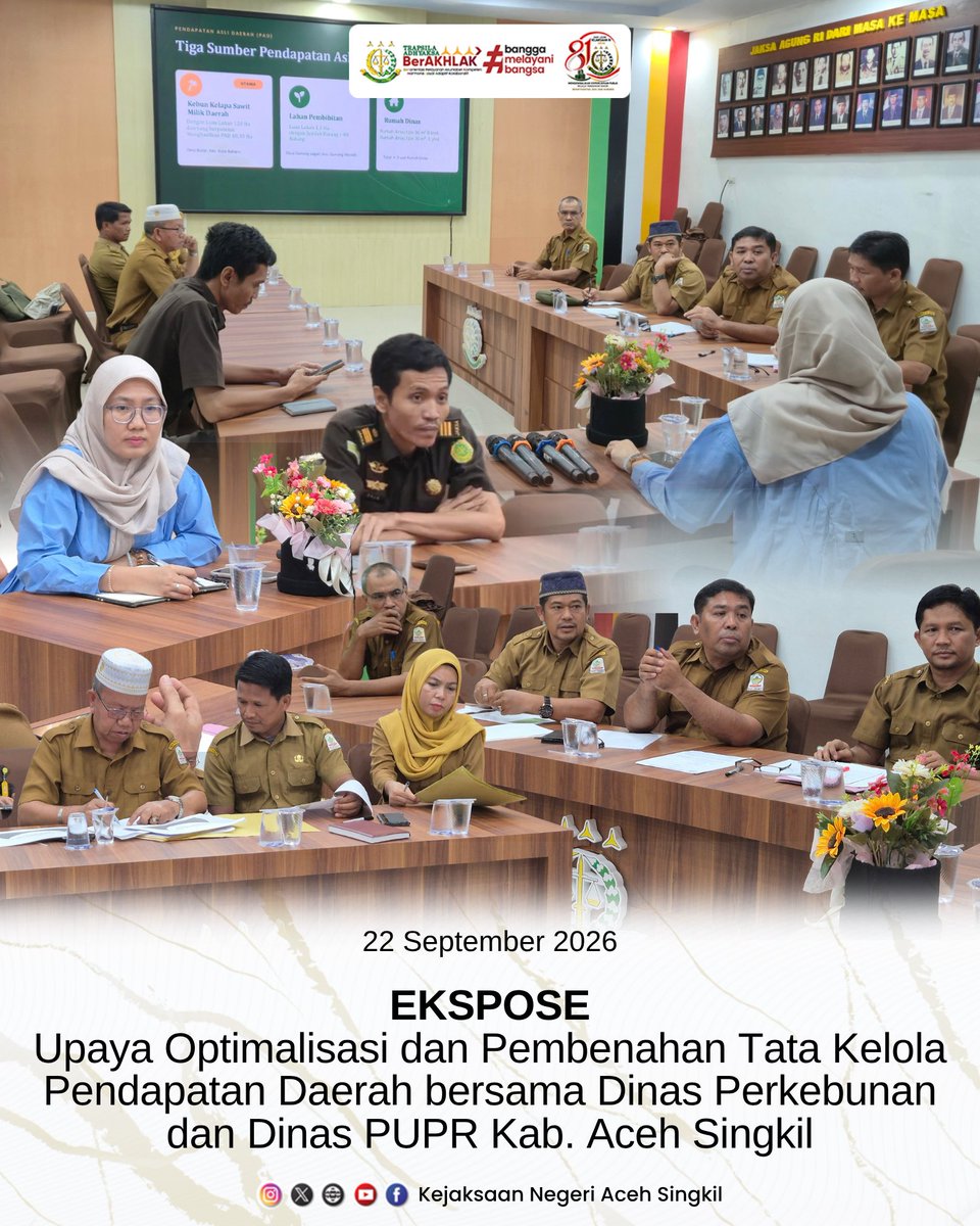 knsingkil's tweet photo. Selasa, 22 September 2026

Kejaksaan Negeri Aceh Singkil bersama Dinas Perkebunan dan Dinas PUPR Kab. Aceh Singkil melaksanakan Ekspose terkait Upaya Optimalisasi dan Pembenahan Tata Kelola Pendapatan Daerah.

#KejaksaanRl
#KejatiAceh
#KejariAcehSingkil
#BerkaryaUntukBangsa https://t.co/ZSOS7e01mA