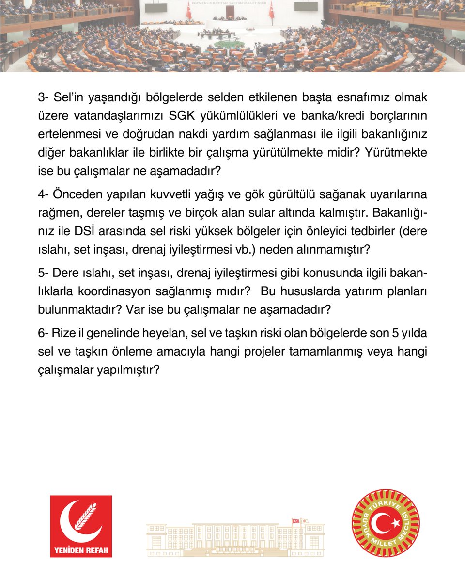 rprefahpartisi's tweet photo. Rize il genelindeki aşırı yağışlar nedeniyle meydana gelen sel felaketinden etkilenen vatandaşlarımızın mağduriyetlerinin giderilmesine yönelik yazılı soru önergemiz Genel Başkan Yardımcımız ve İstanbul Milletvekilimiz Doğan Bekin tarafından TBMM’ye sunulmuştur. https://t.co/uSGmhxWiyy