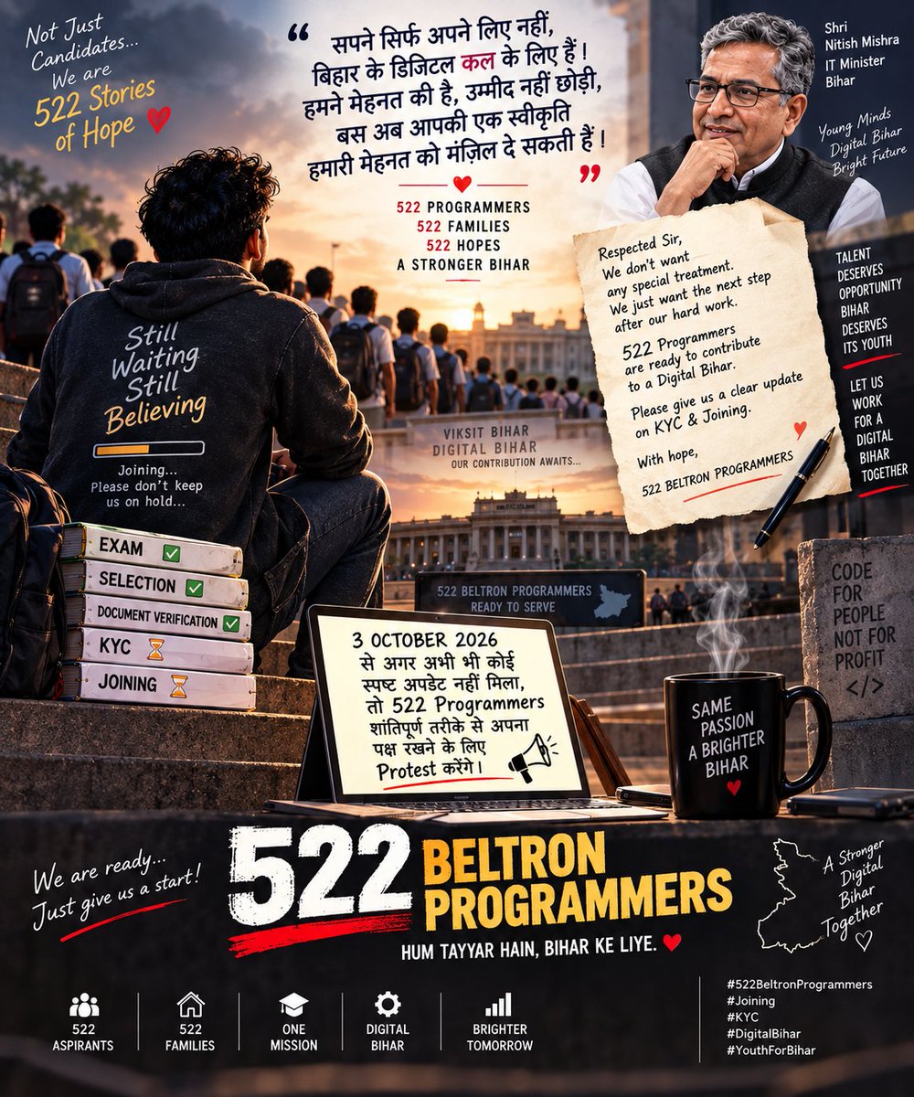 sushantkumarve2's tweet photo. “मेहनत की थी, तो मंज़िल की आस थी,
522 चेहरों पर एक नई शुरुआत की प्यास थी।
Exam, Selection और DV सब कर लिया,
अब KYC और Joining ने उम्मीद रोक रखी है।
522 नाम नहीं—522 परिवारों का सपना है,
बस एक स्पष्ट फैसला चाहिए, ताकि ये सपना अपना हो सके। 🙏”
@mishranitish
#522BeltronProgrammers https://t.co/SlXAEOtSmW