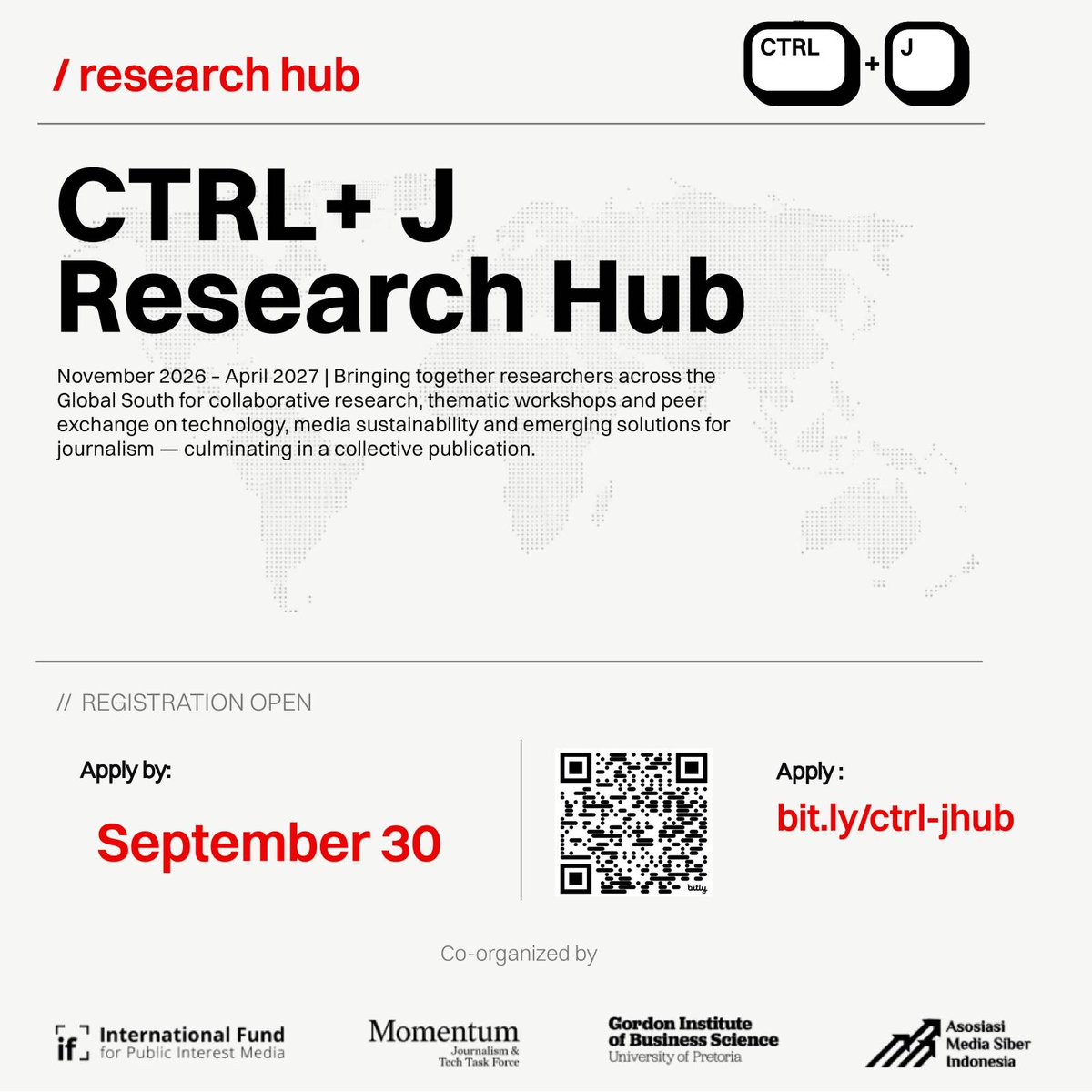 Journ_SA's tweet photo. APPLY: Applications are now open for the 2026/27 CTRL+J Research Hub, a six-month collaborative programme for researchers from the Global South working at the intersection of journalism, technology, and public policy.

🗓️ Deadline: 30 September.
Details: https://t.co/wnTJarM403 https://t.co/dy8rkeRkAN